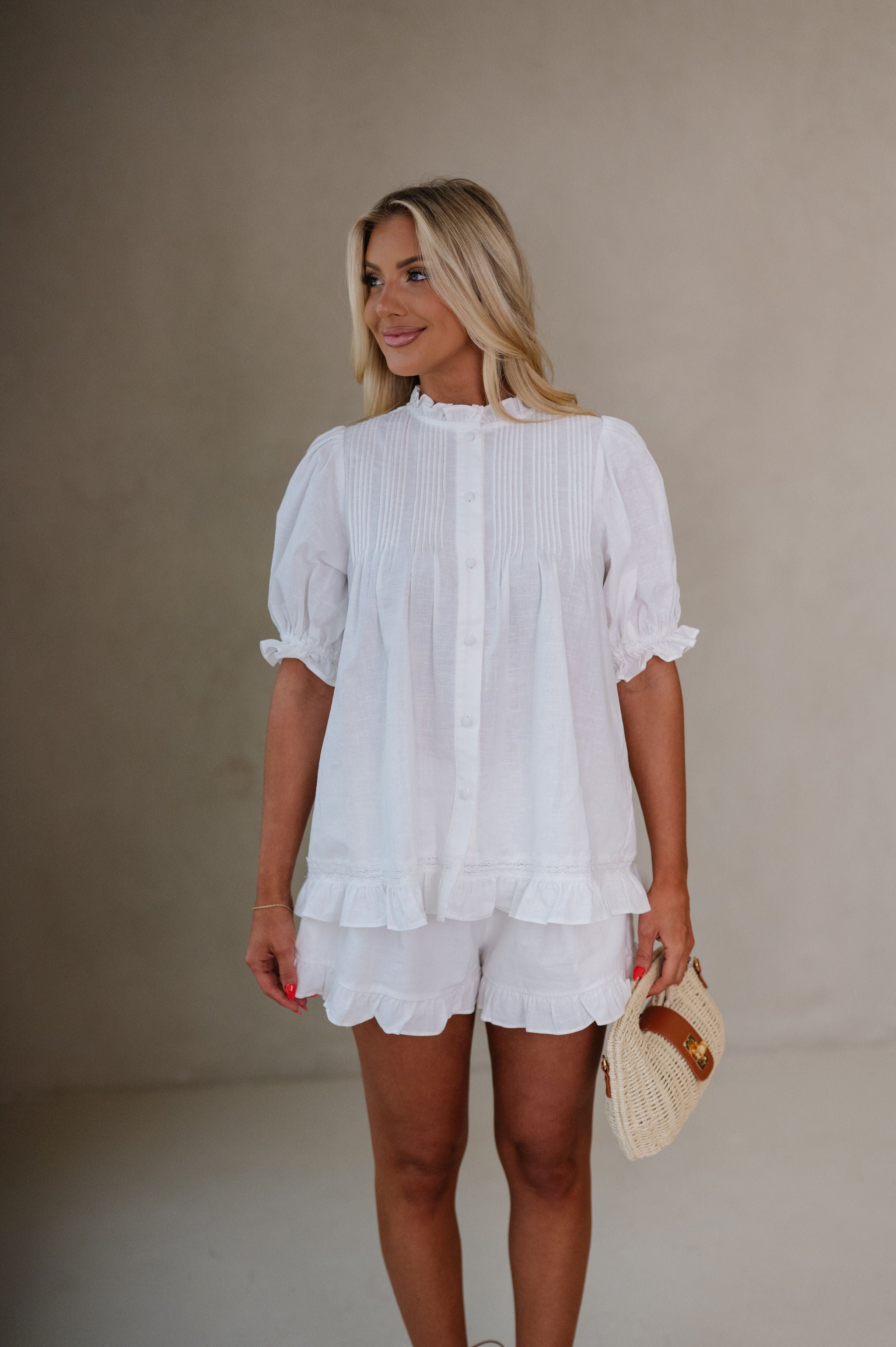 Ruffle Linen Shorts Set-Off White