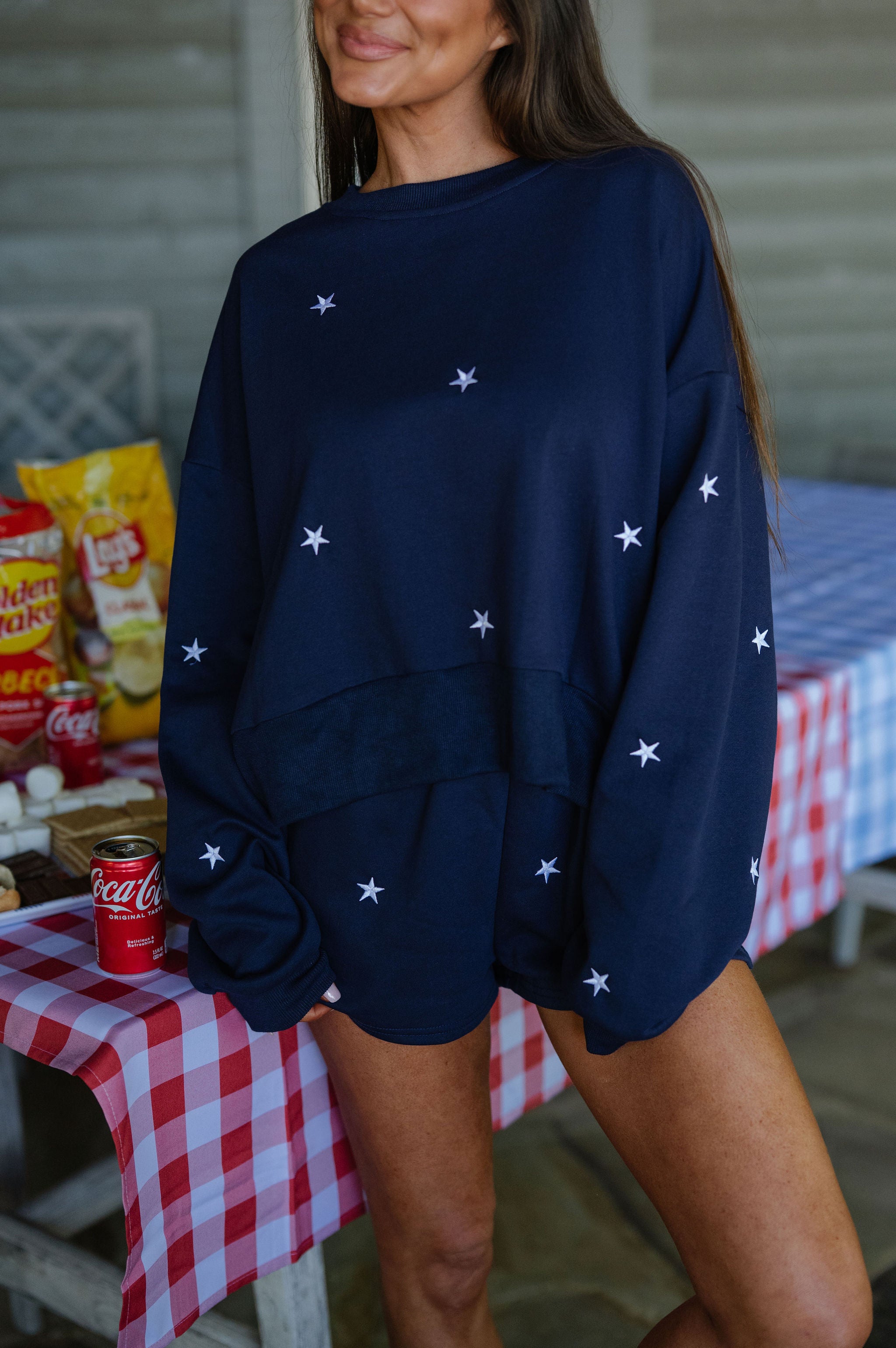Star Embroidered Shorts Set-Navy