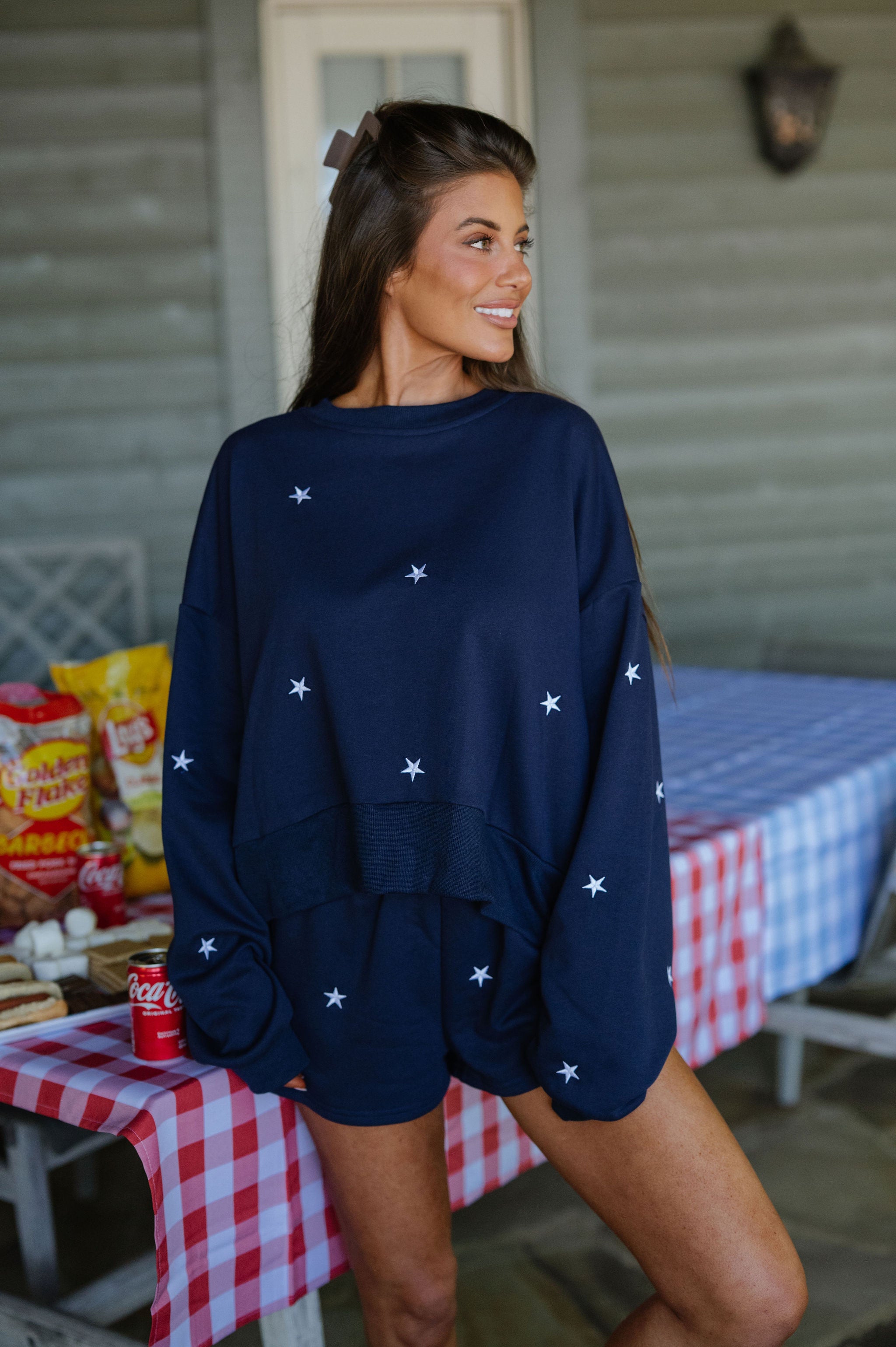 Star Embroidered Shorts Set-Navy