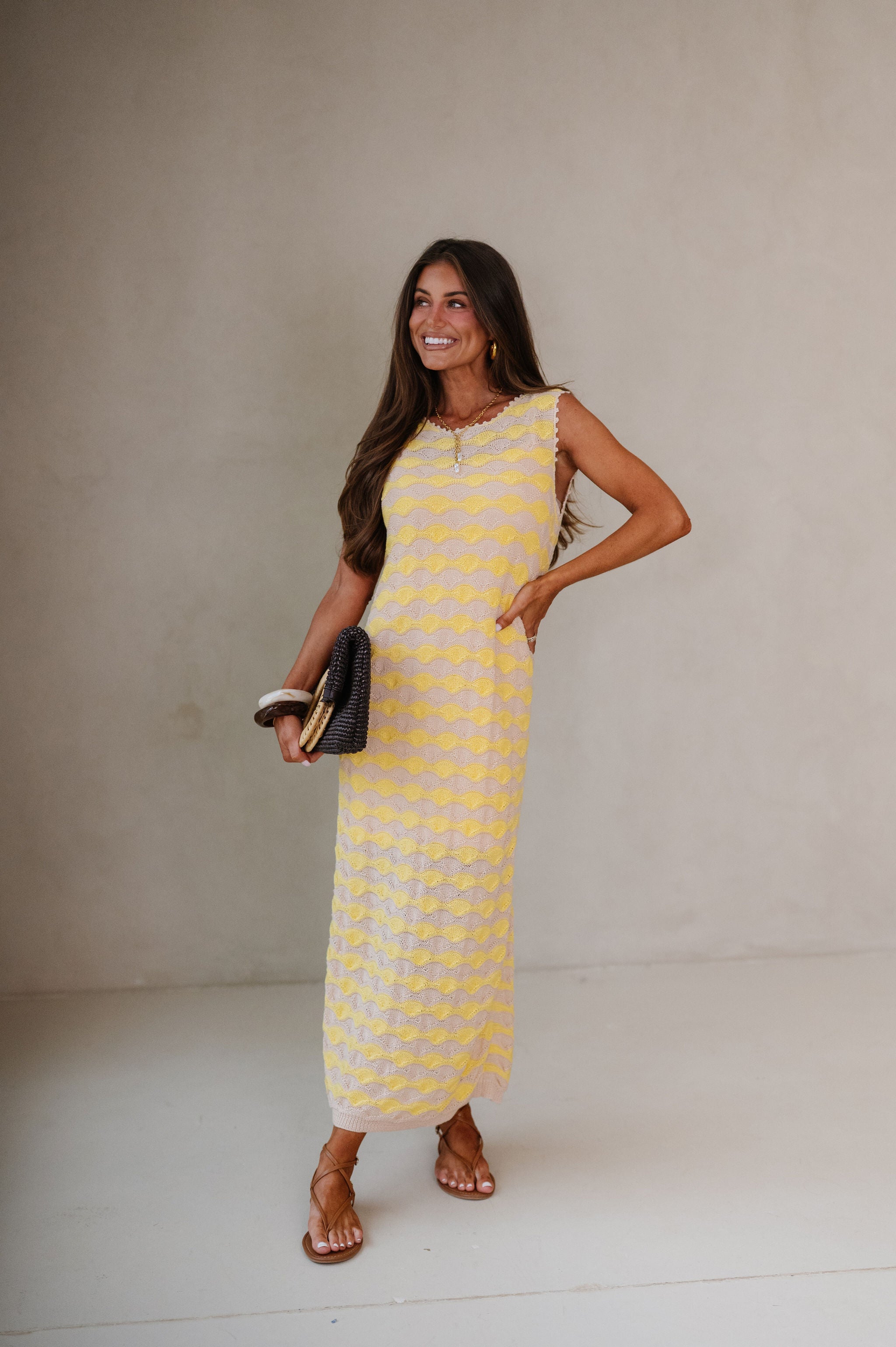 Scalloped Wavy Stripe Knit Midi Dress-Oatmeal/Butter