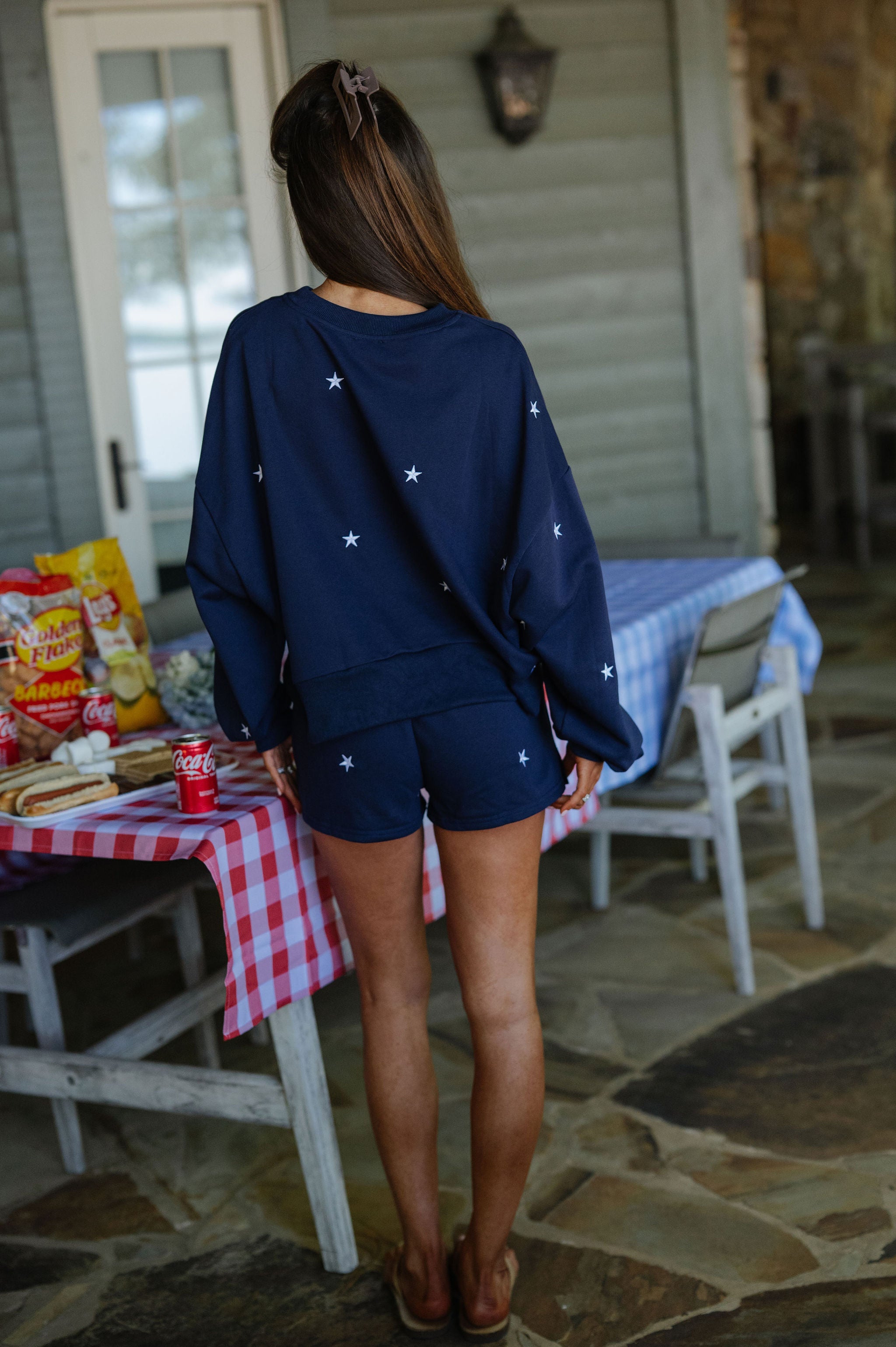 Star Embroidered Shorts Set-Navy