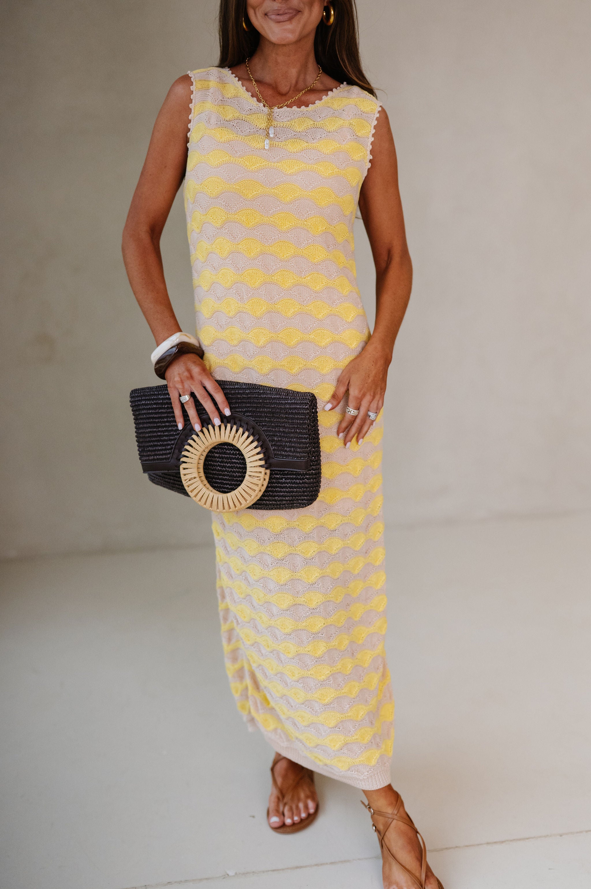 Scalloped Wavy Stripe Knit Midi Dress-Oatmeal/Butter