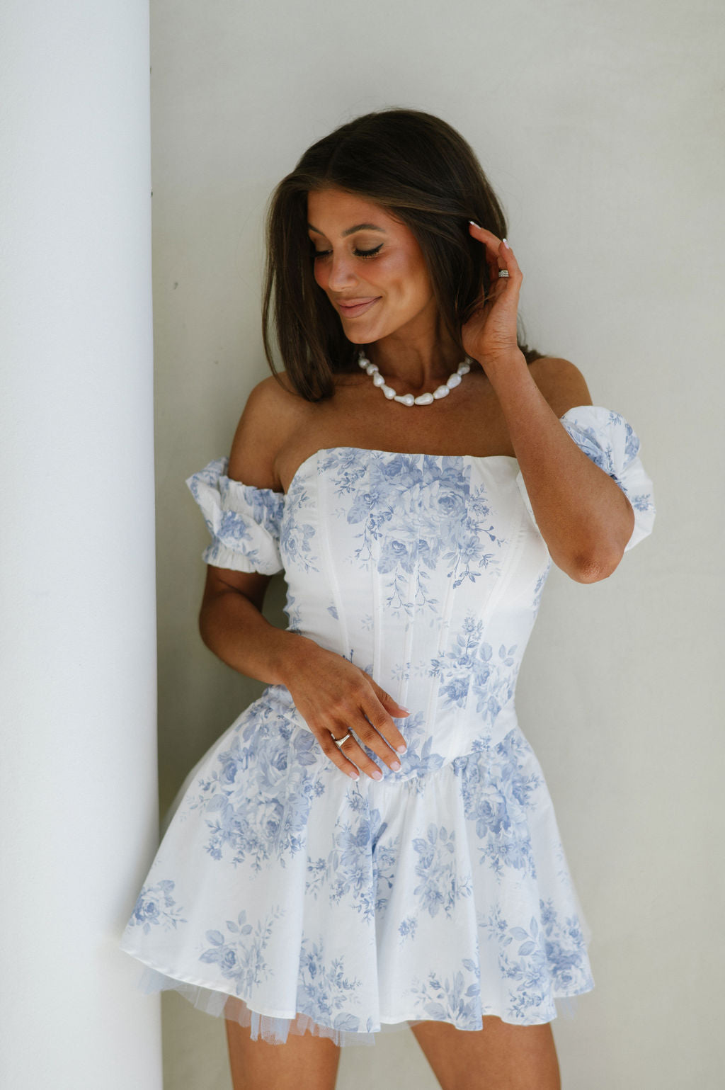 Botanical OTS Mini Dress-Baby Blue