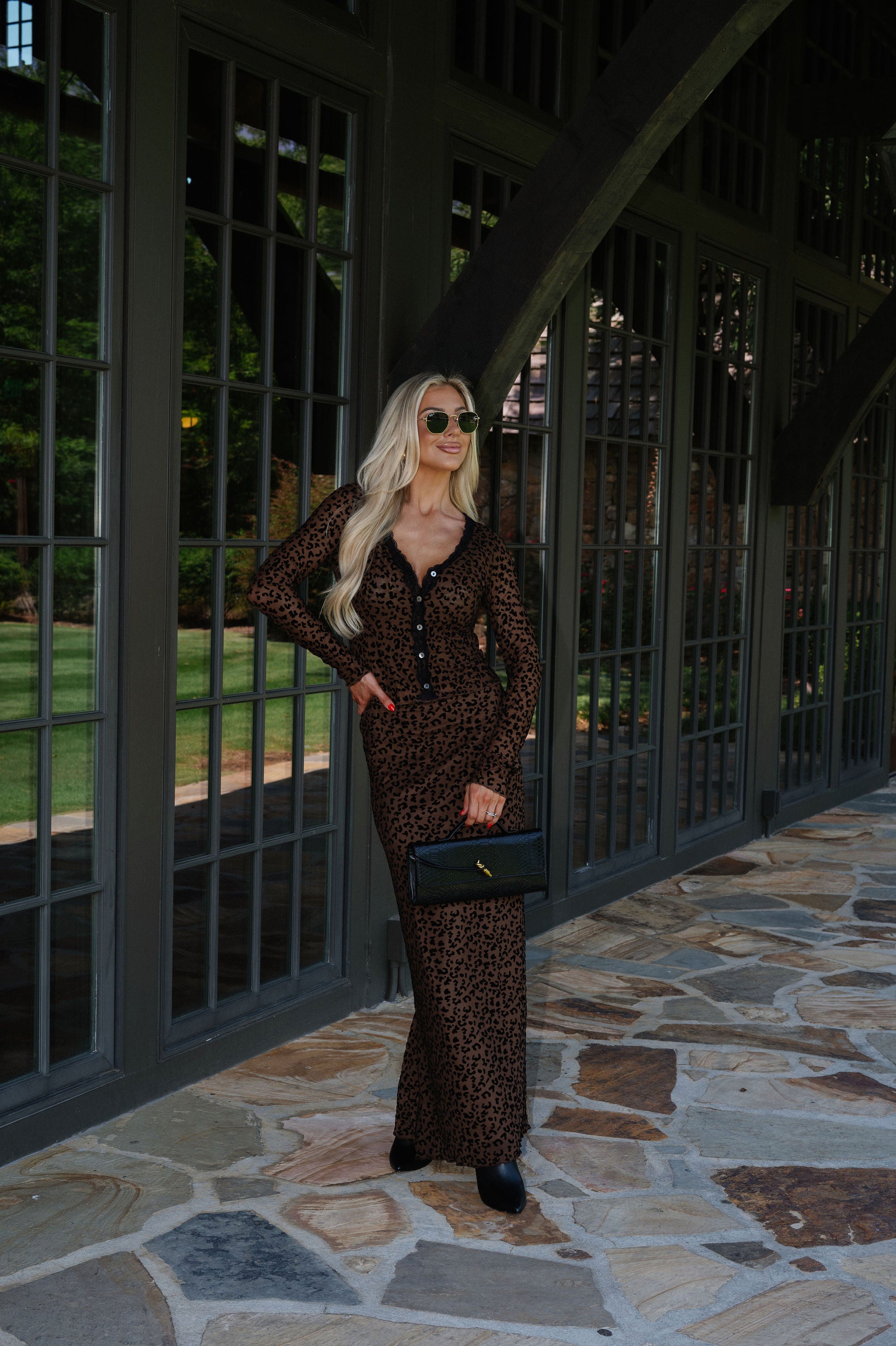 Leopard Mesh Skirt Set-Taupe