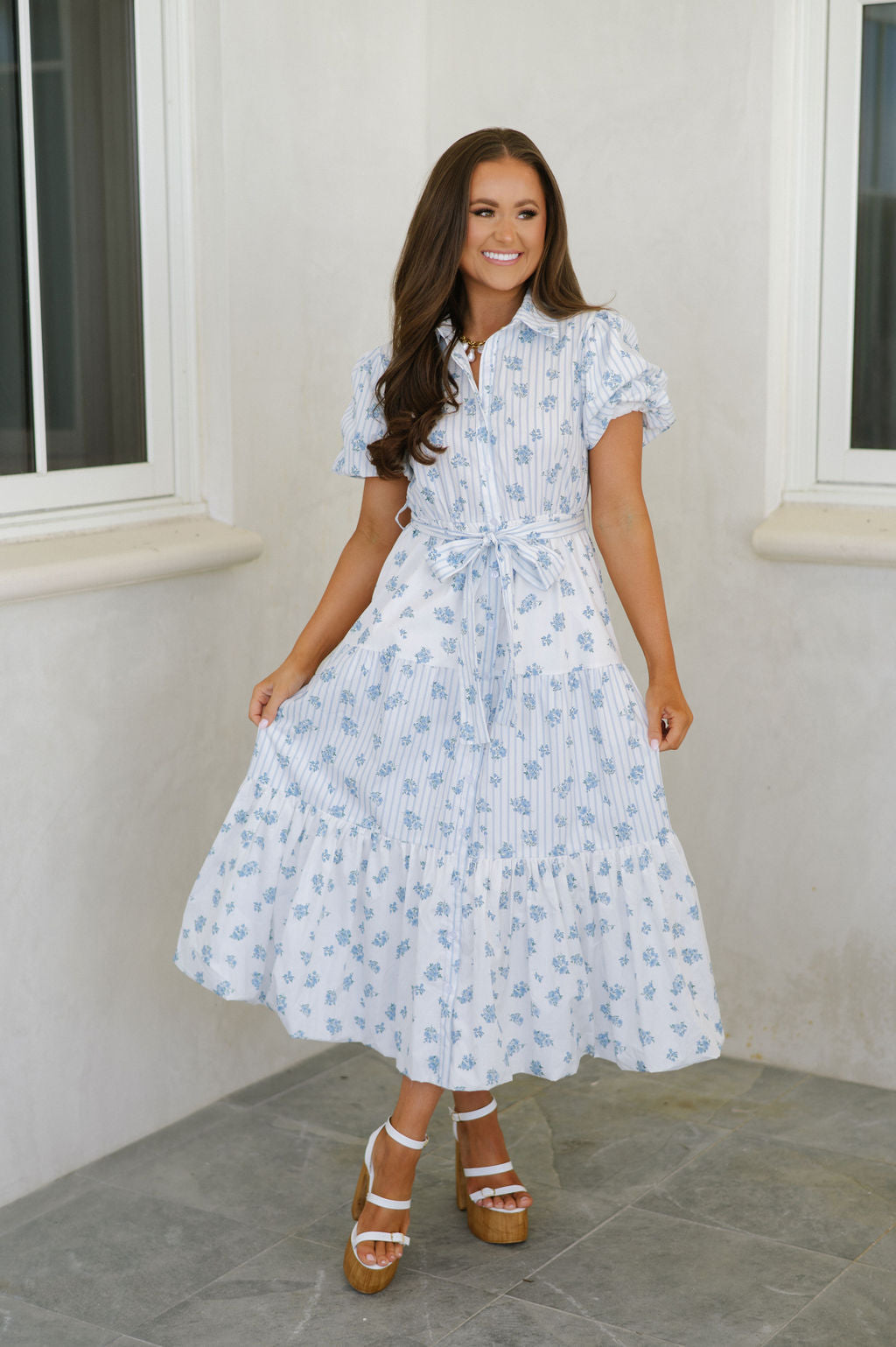 Mixed Striped Floral Dress-Light Blue/White