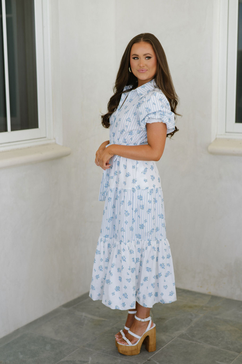 Mixed Striped Floral Dress-Light Blue/White