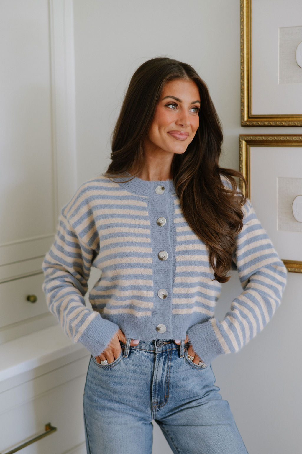 Beverly Cardigan-Blue Stripe