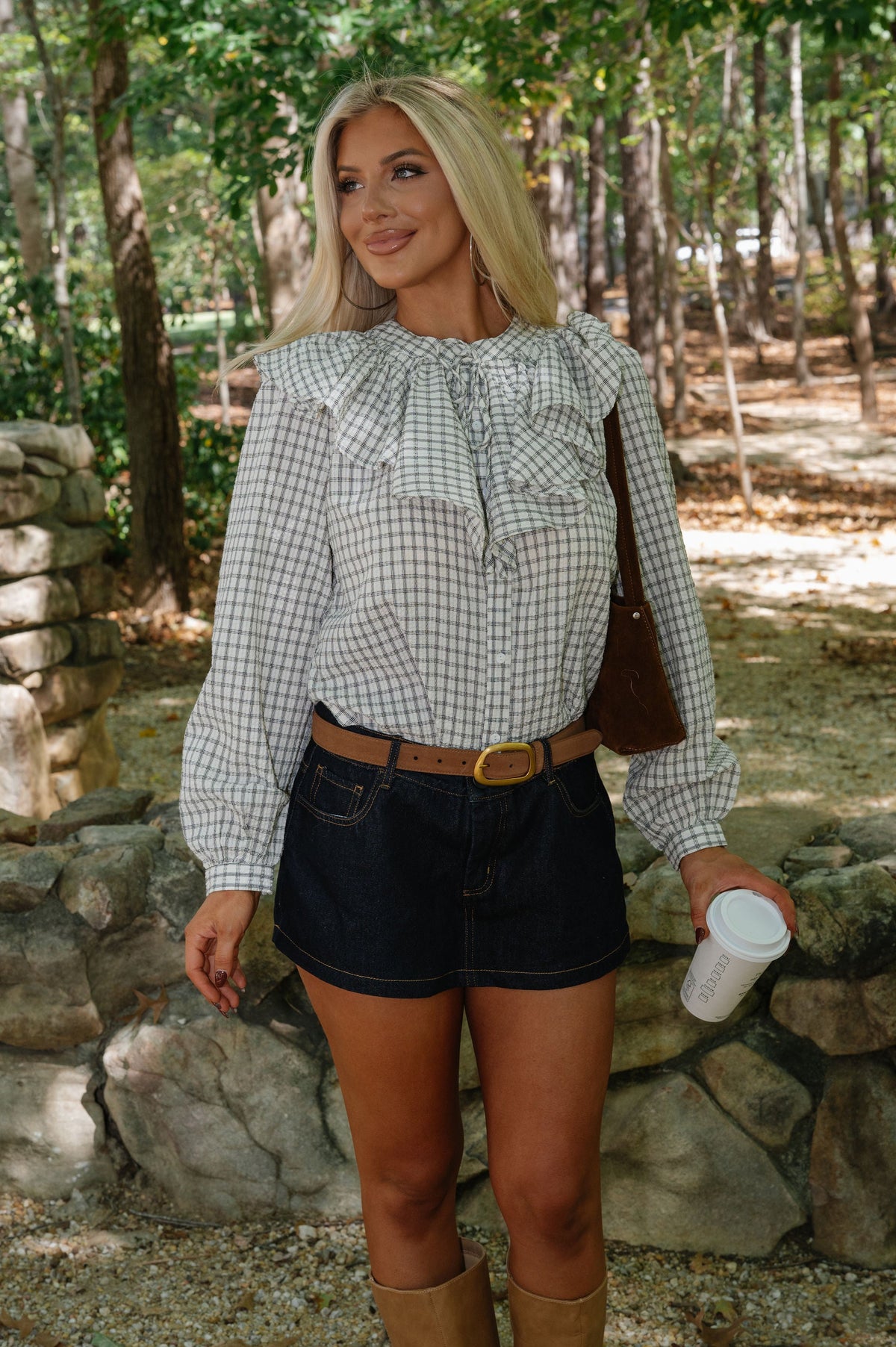 Harriet Gingham Ruffle Blouse-Off White/Black