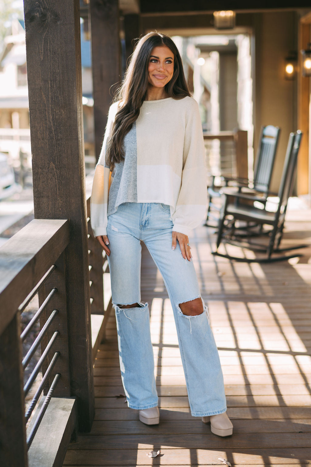 Cozy Color Block Sweater-Grey/Beige