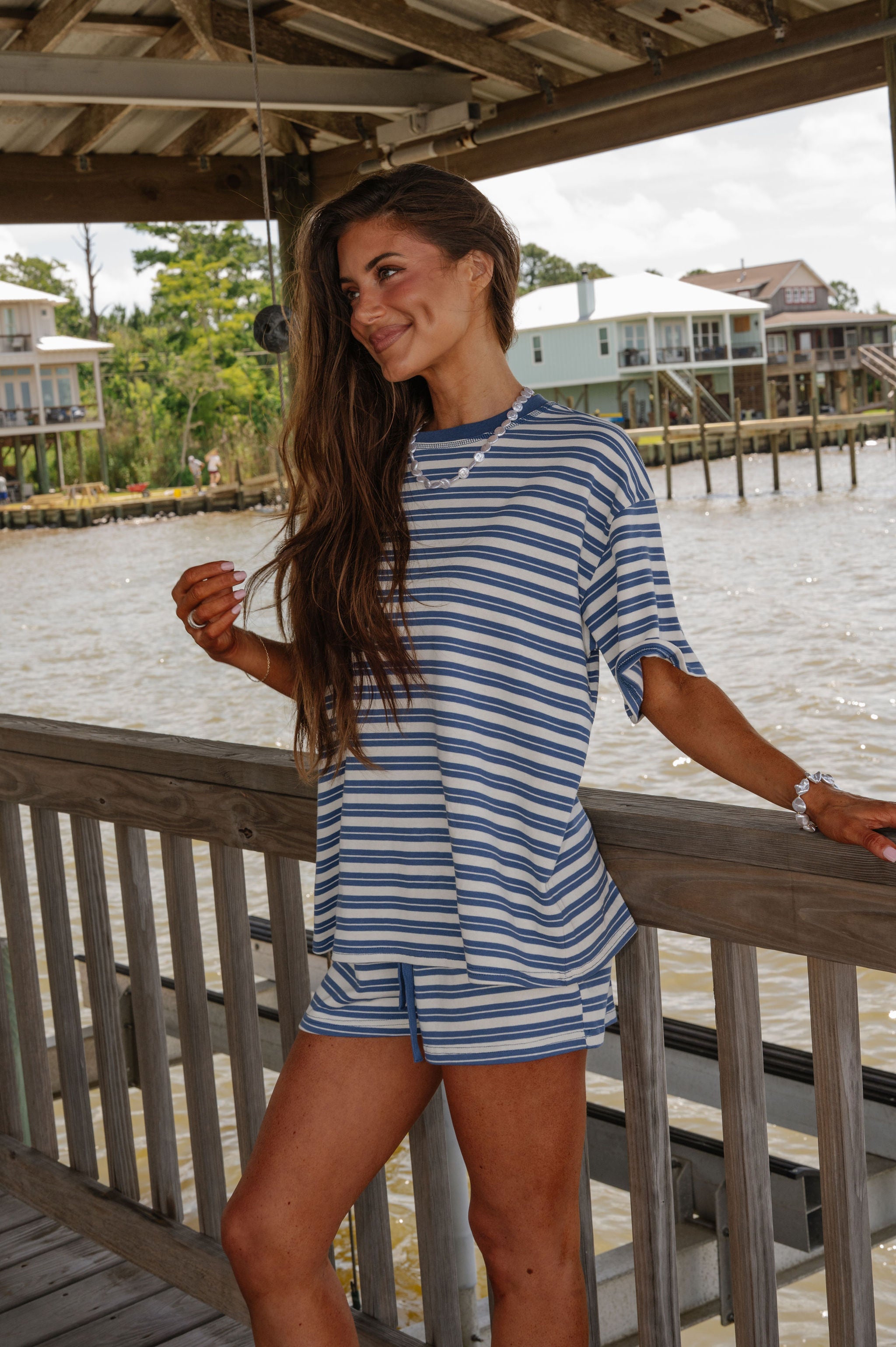 Marina Striped Shorts Set-Dusty Blue
