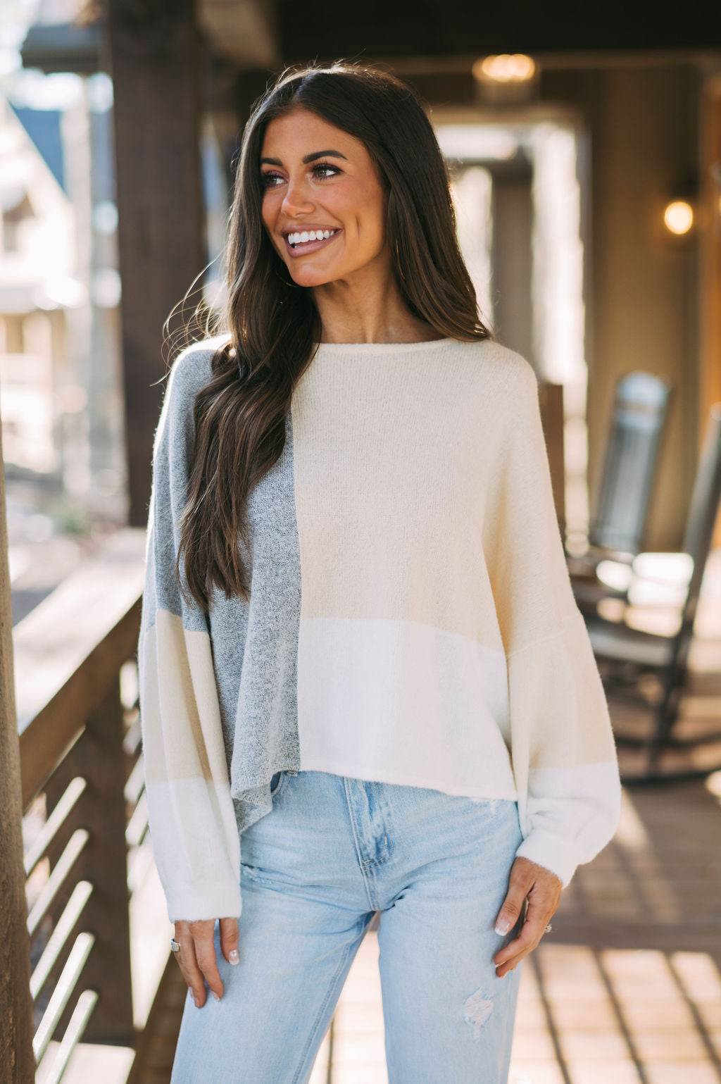 Cozy Color Block Sweater-Grey/Beige