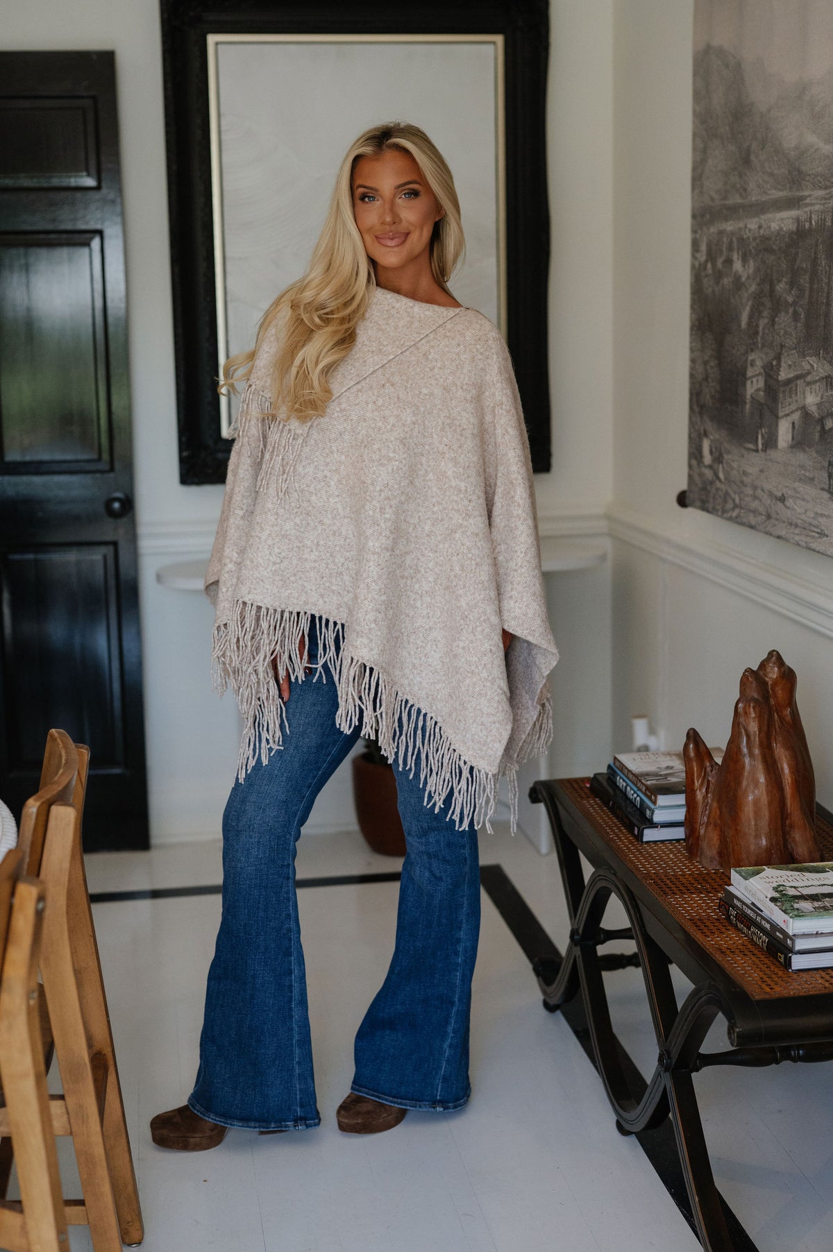 Fringe Poncho Sweater-Oatmeal