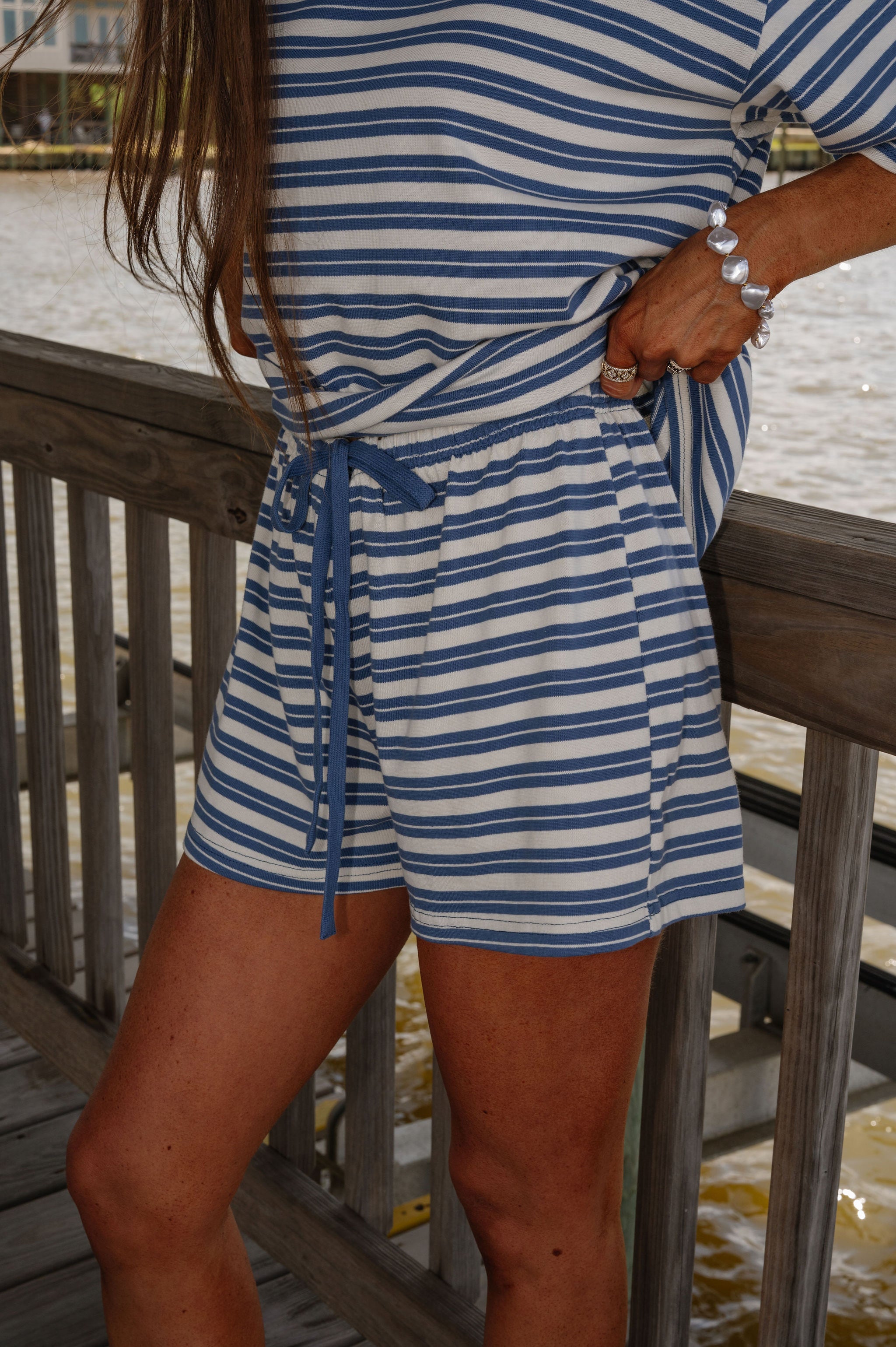 Marina Striped Shorts Set-Dusty Blue