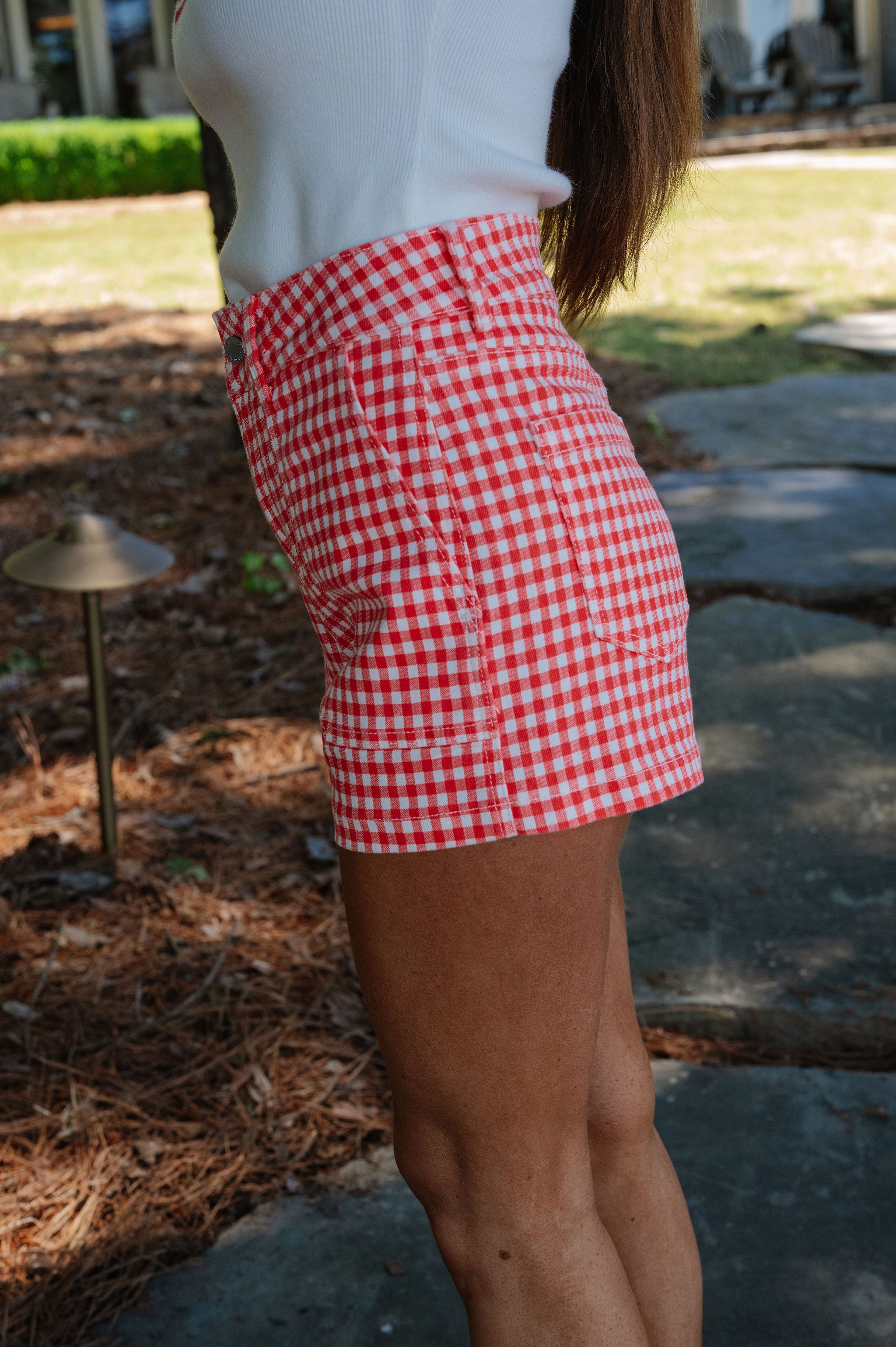 Kaylin Cargo Shorts-Red Gingham
