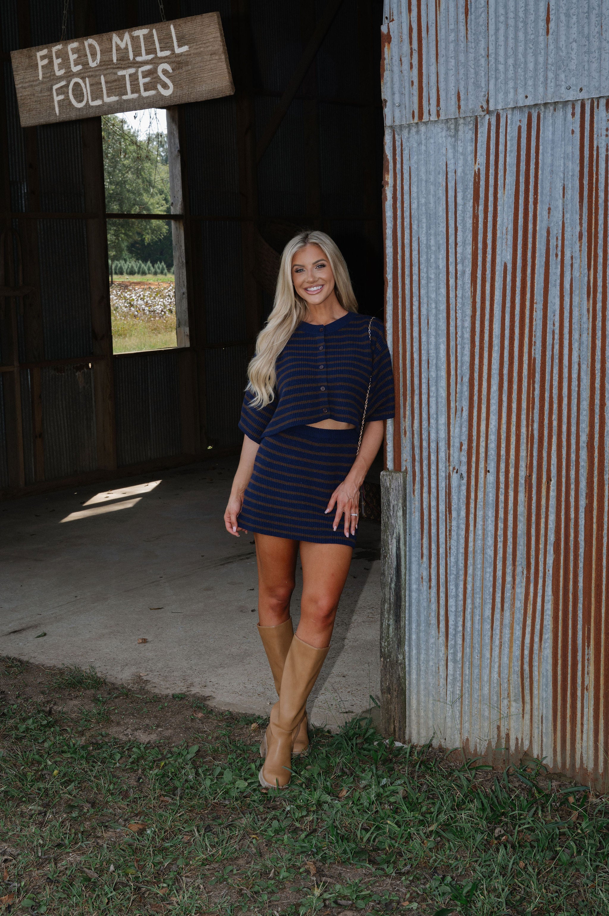 Vera Stripe Sweater Set-Navy/Brown