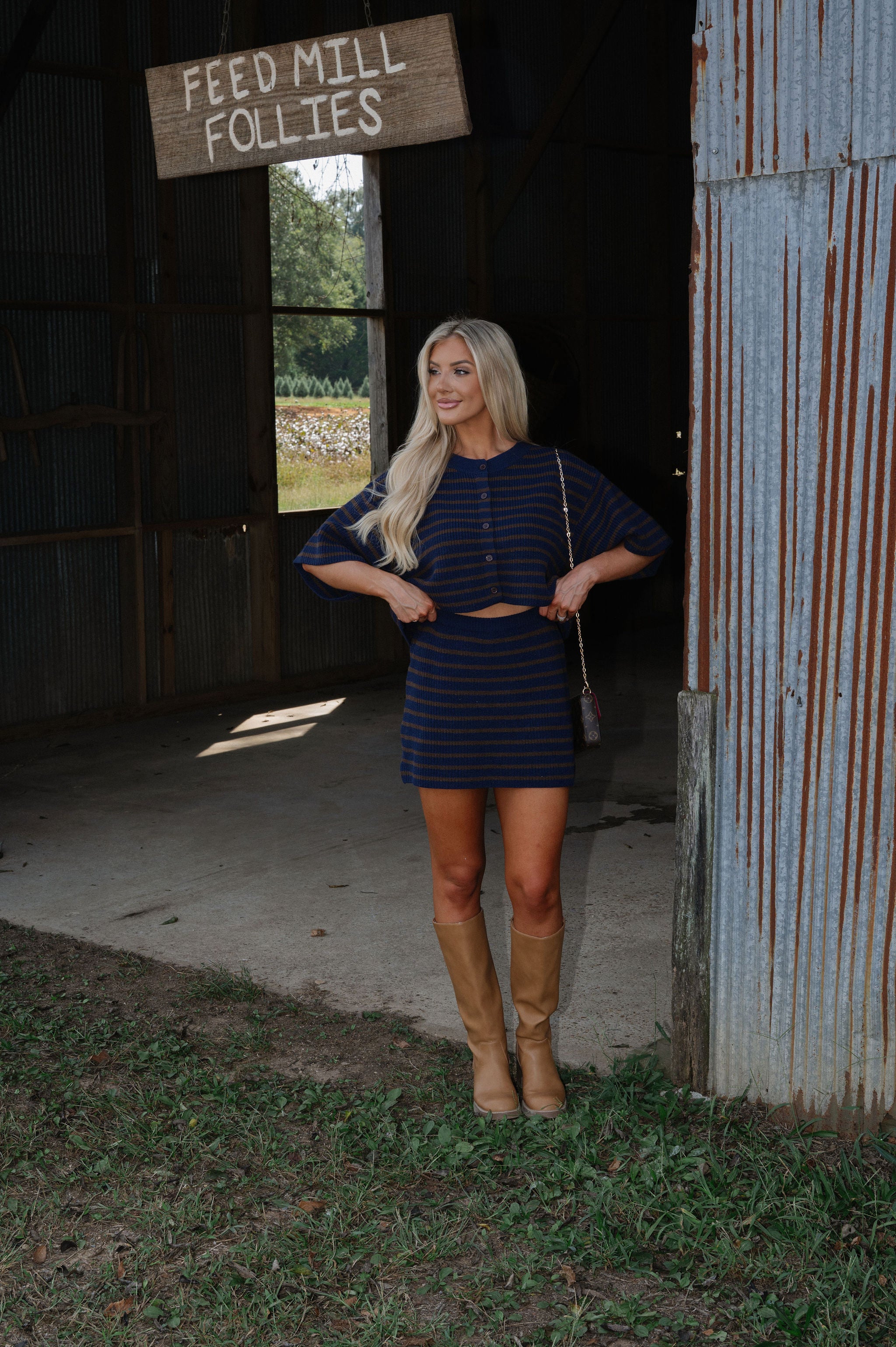 Vera Stripe Sweater Set-Navy/Brown