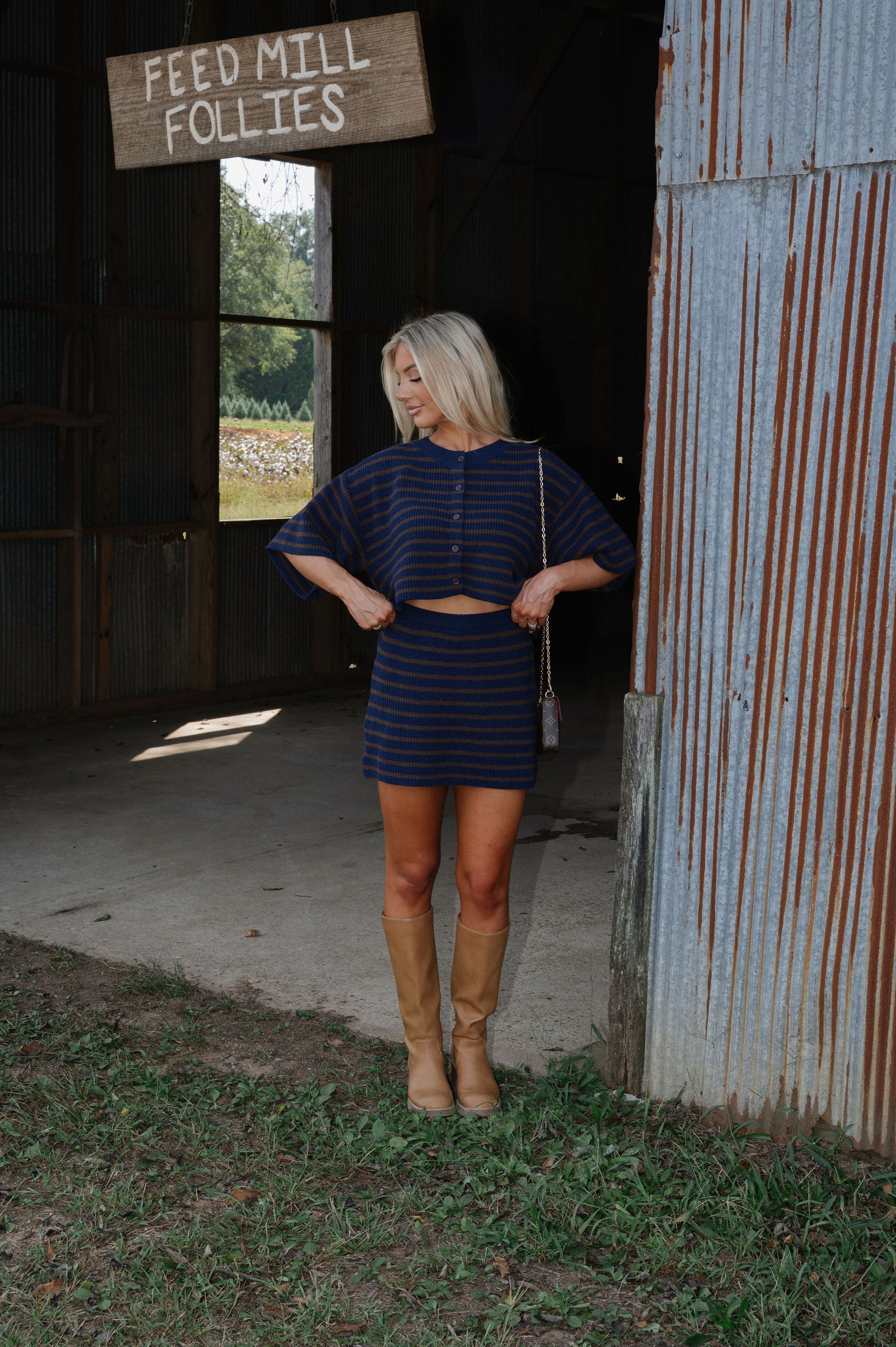 Vera Stripe Sweater Set-Navy/Brown