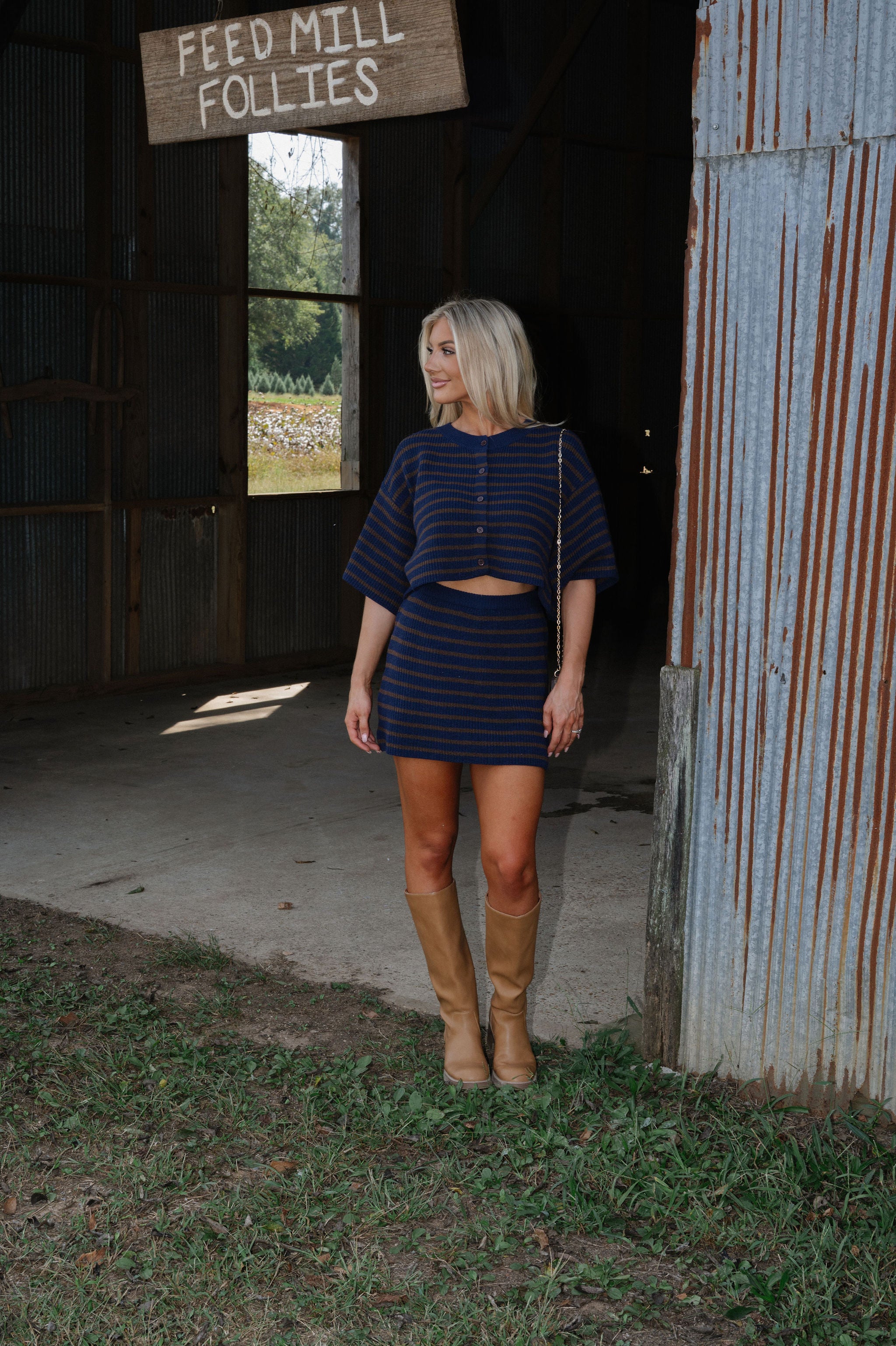 Vera Stripe Sweater Set-Navy/Brown