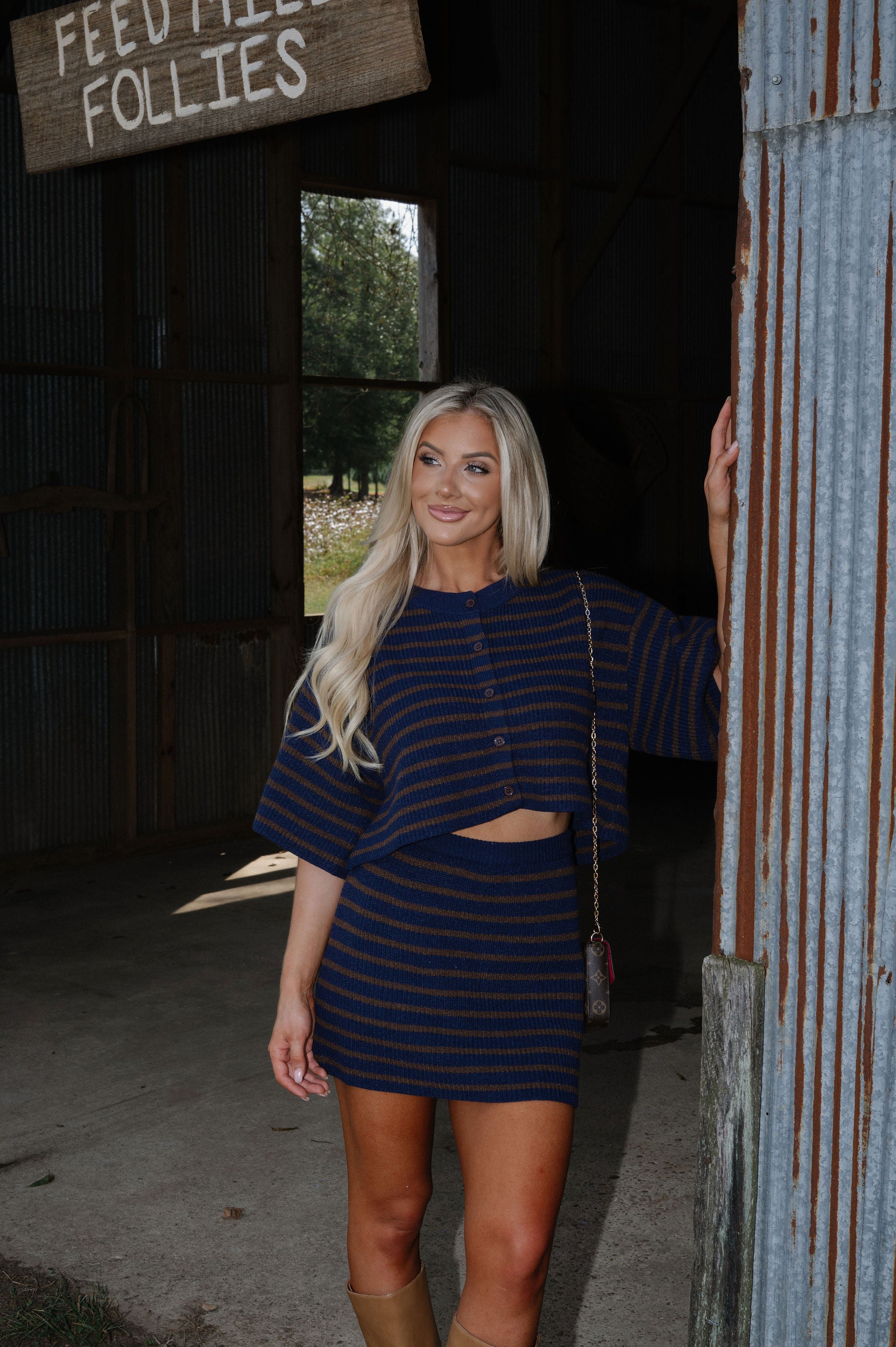 Vera Stripe Sweater Set-Navy/Brown