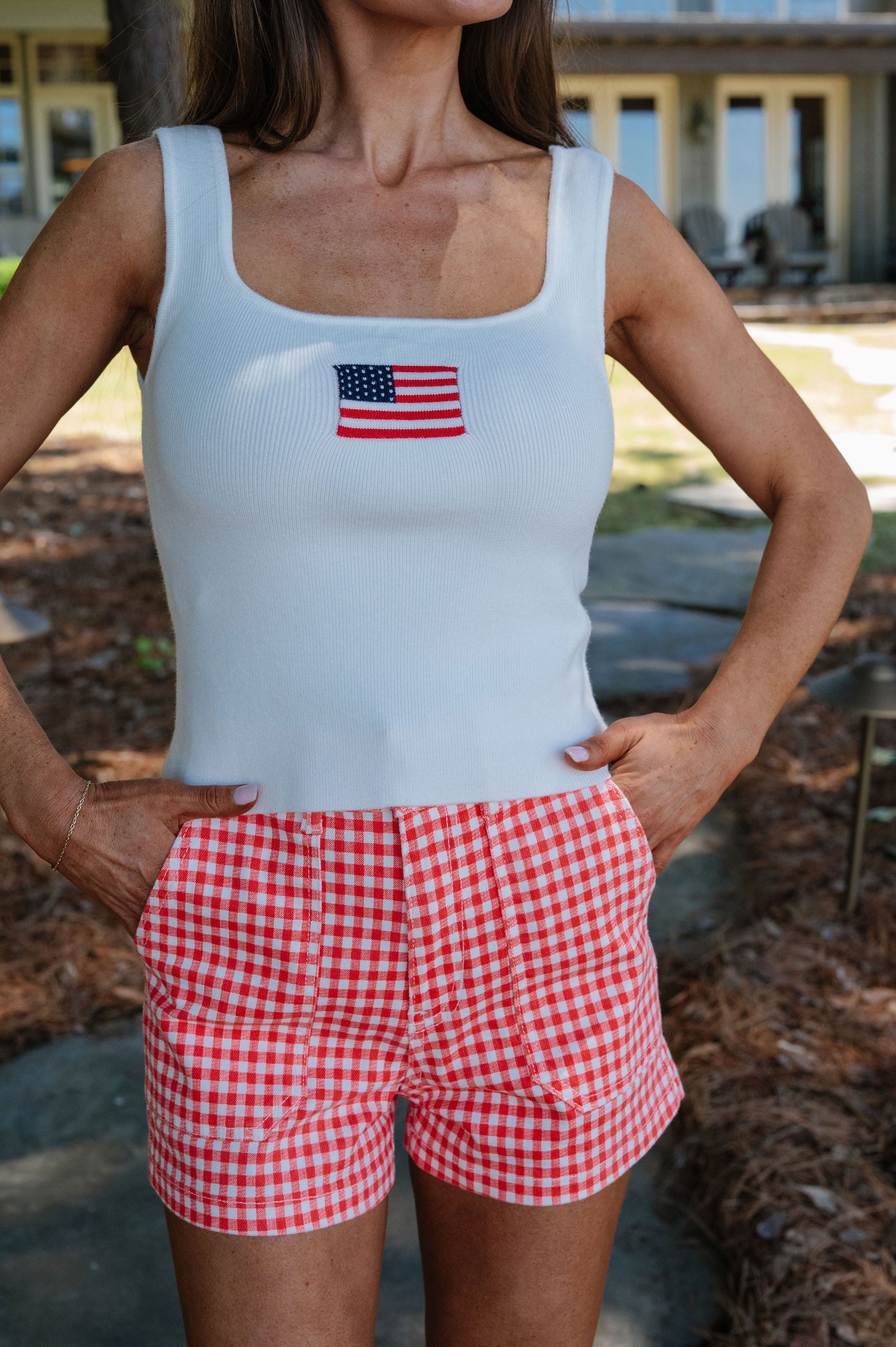 American Flag Ribbed Knit Top-White