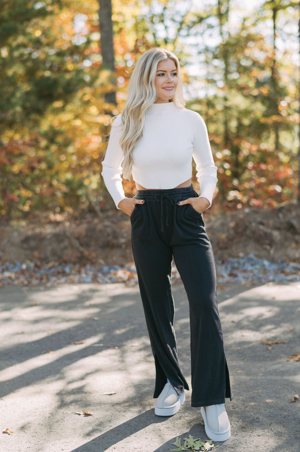 Side Slit Mineral Washed Lounge Pants-Black