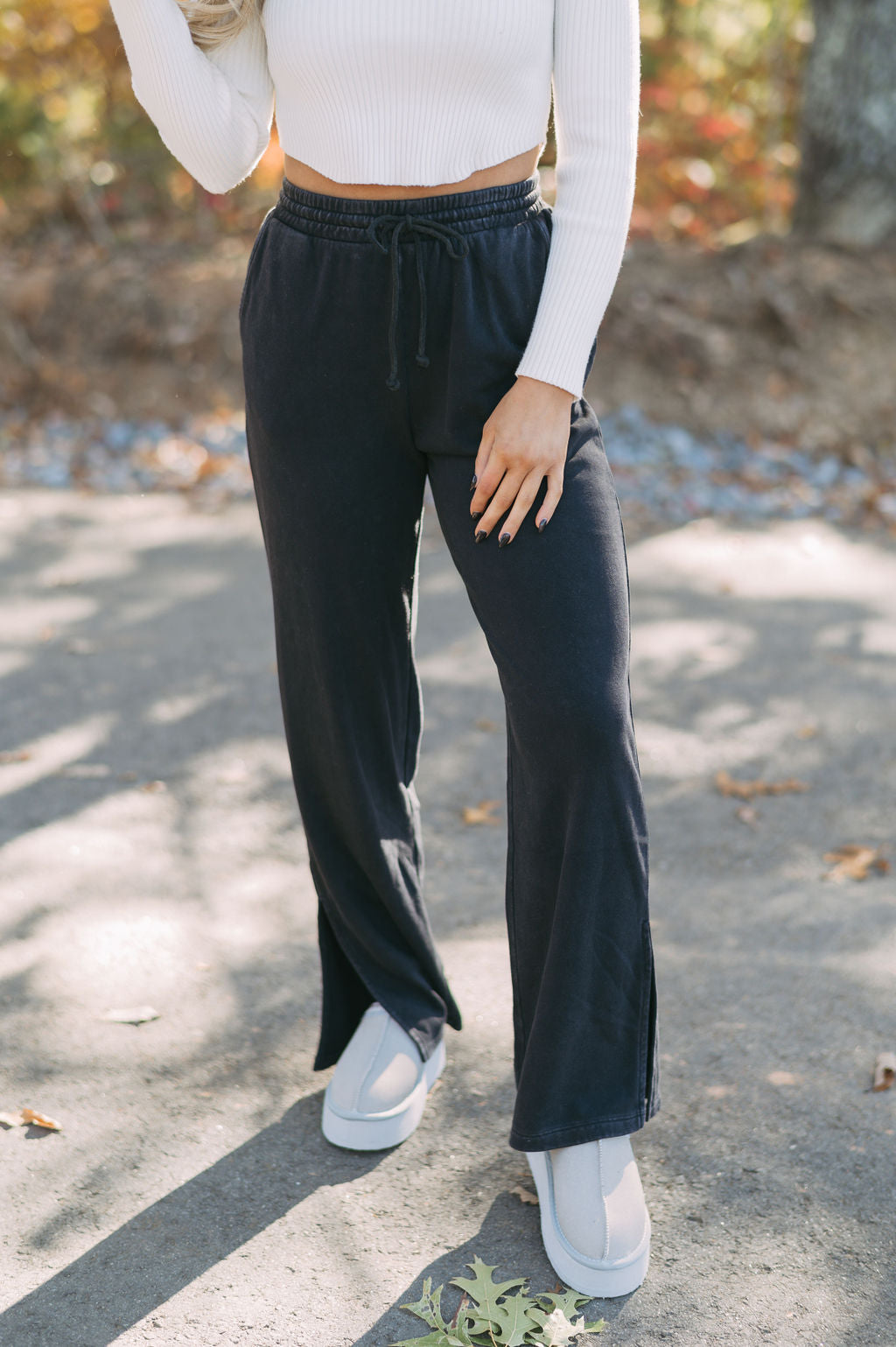 Side Slit Mineral Washed Lounge Pants-Black