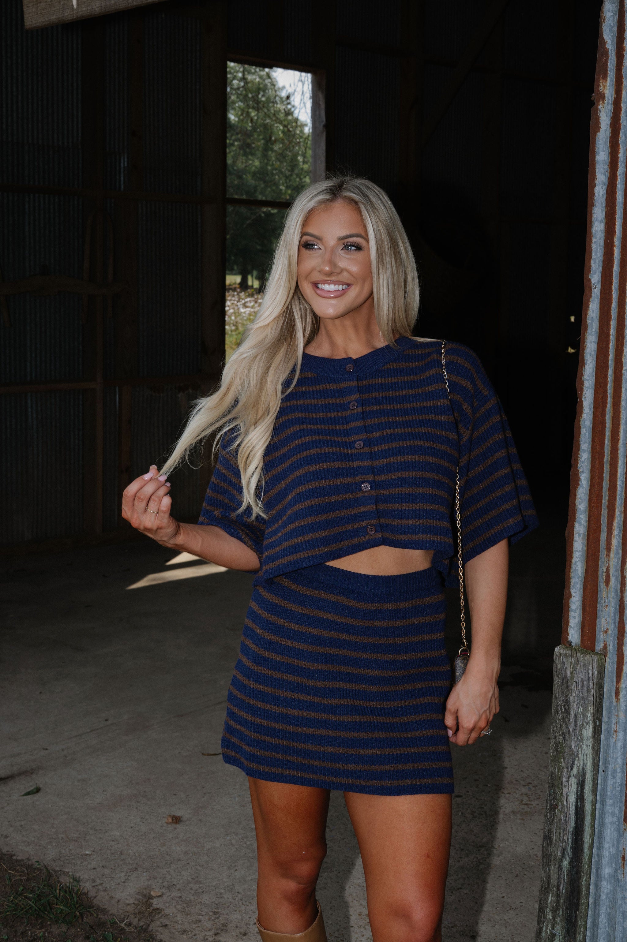 Vera Stripe Sweater Set-Navy/Brown