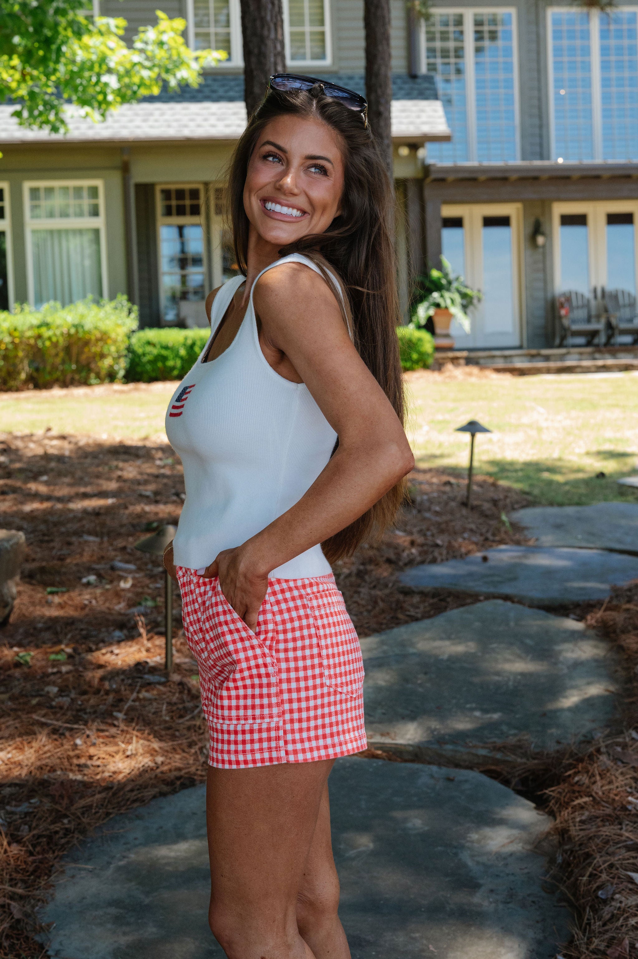Kaylin Cargo Shorts-Red Gingham