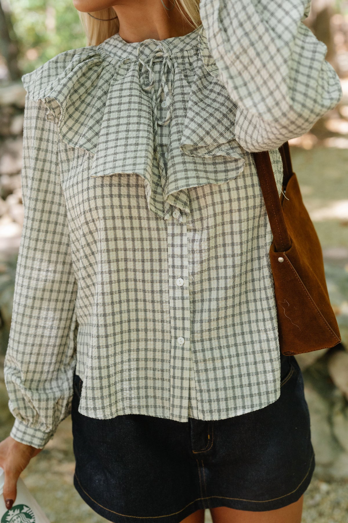 Harriet Gingham Ruffle Blouse-Off White/Black