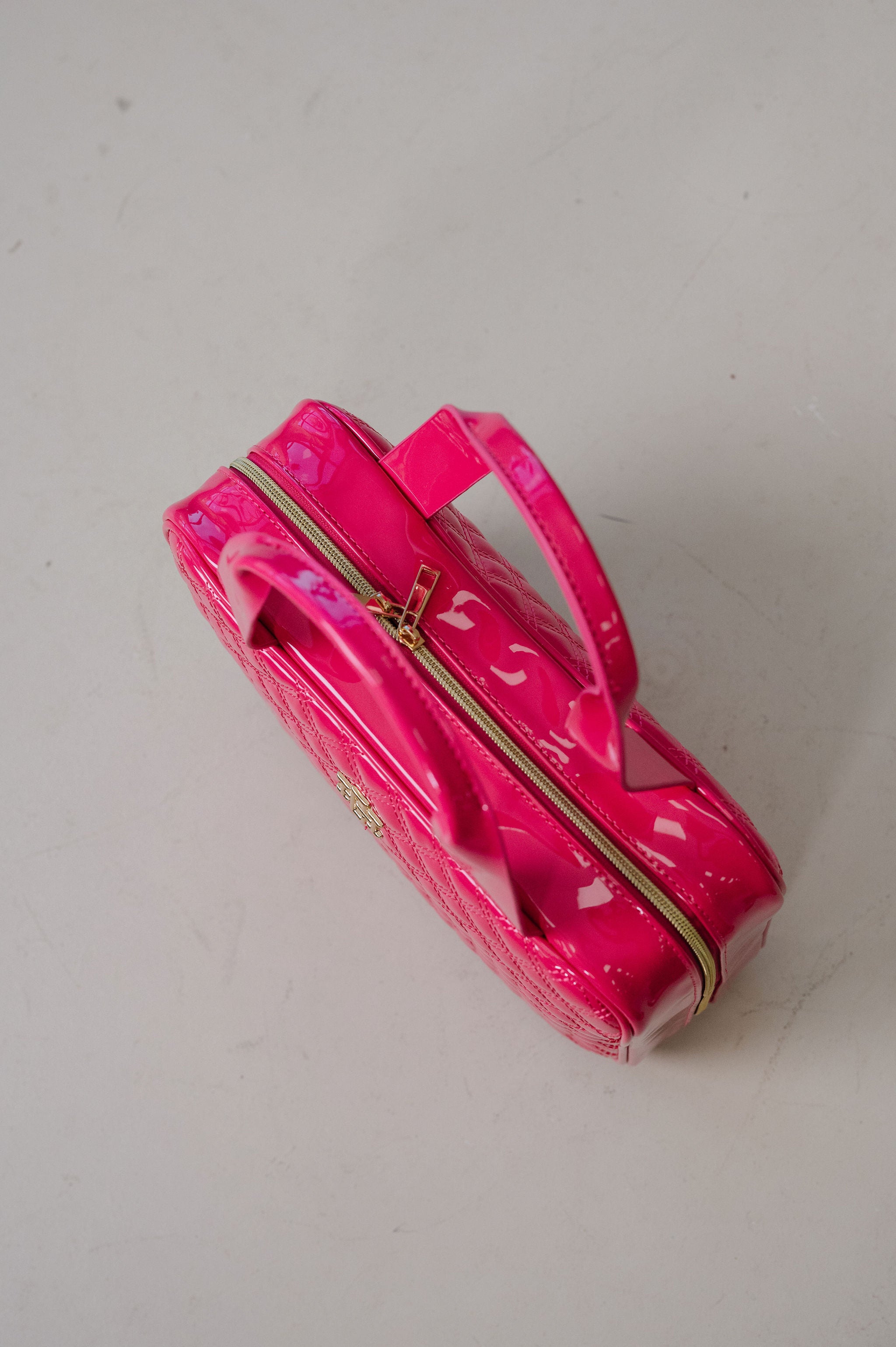 Patent Leather Quilted Makeup Bag- Hot Pink