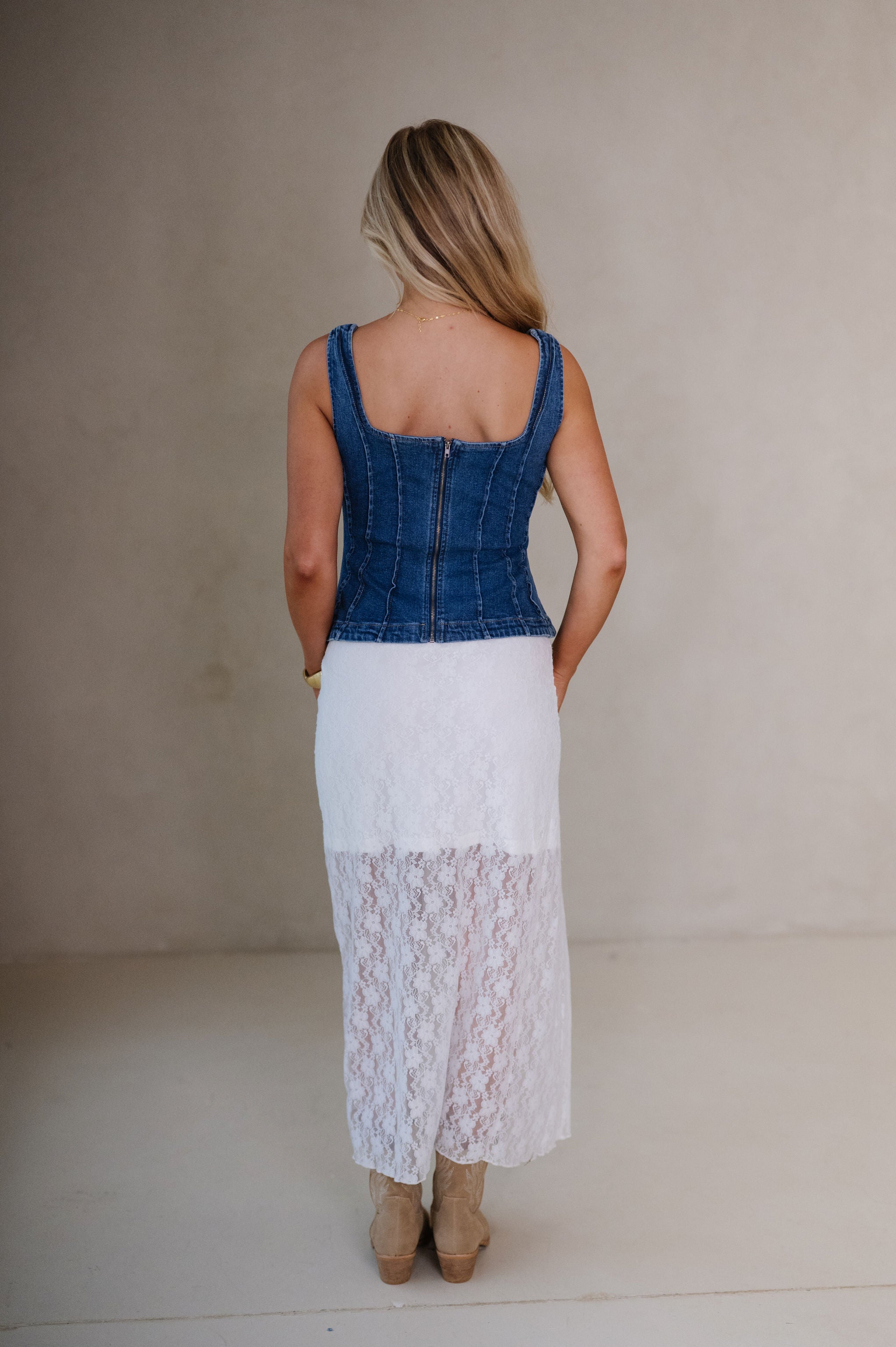 Paneled Denim Peplum Top