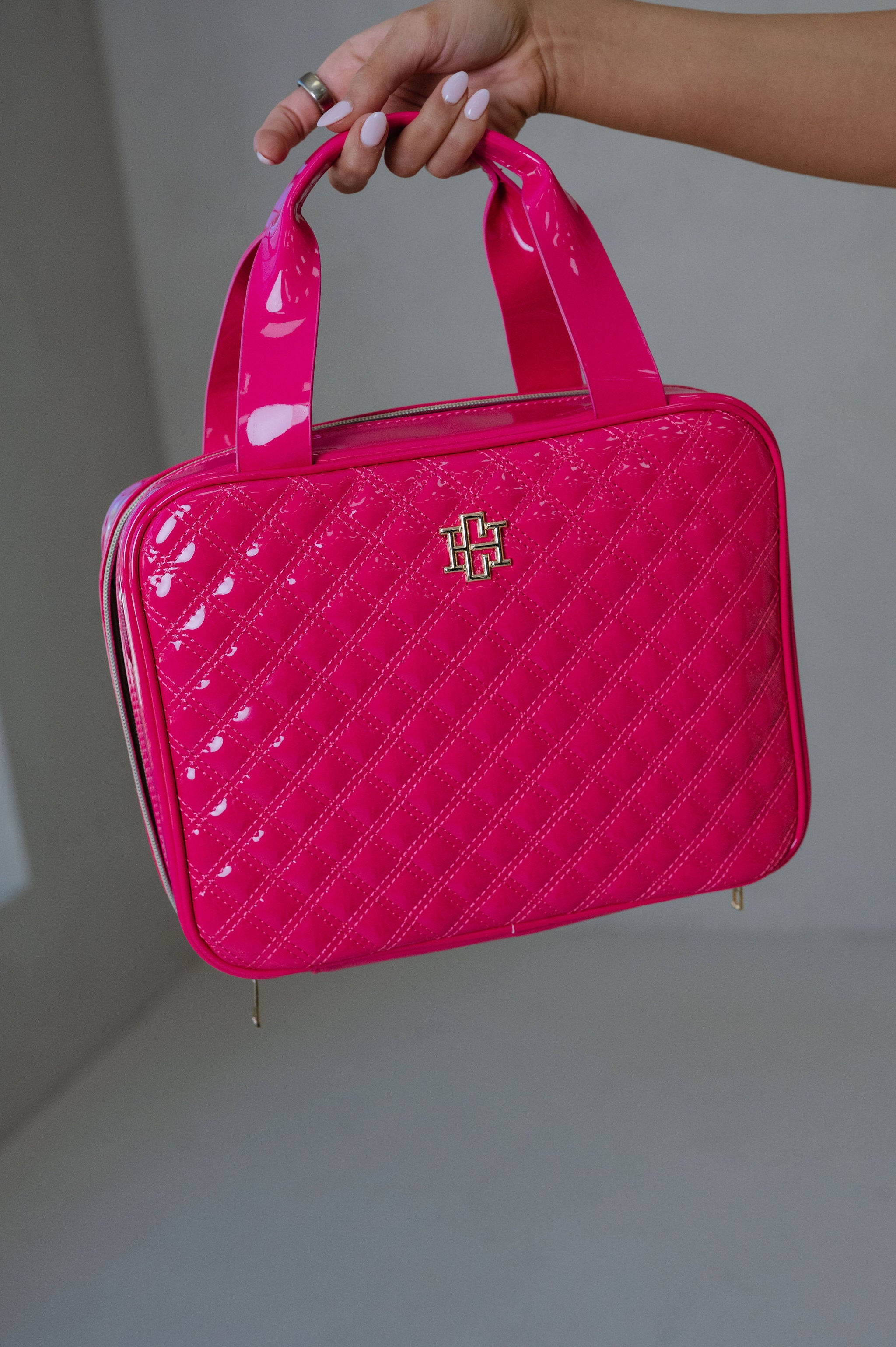 Patent Leather Quilted Makeup Bag- Hot Pink