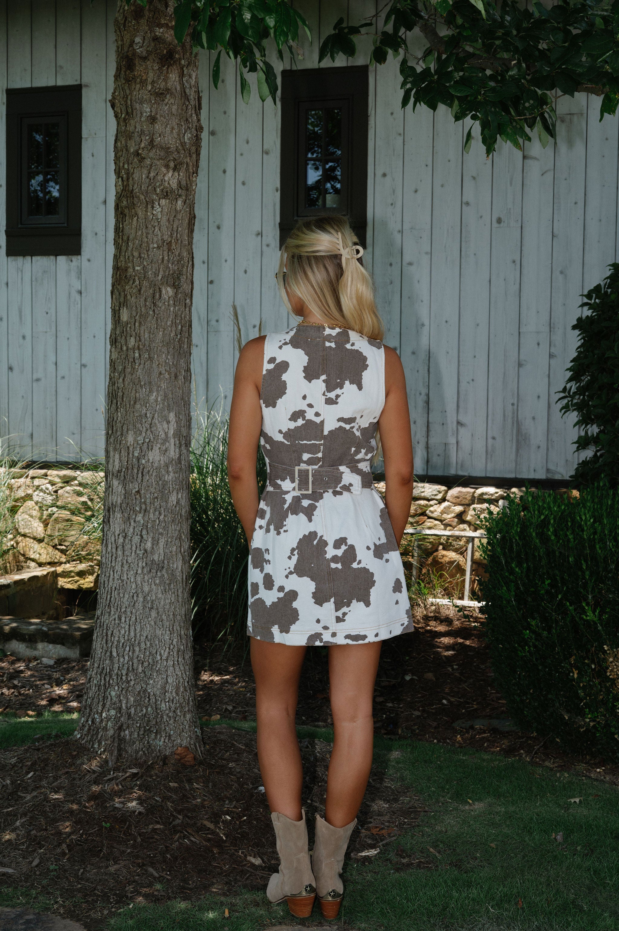 Cow Print Mini Dress-White/Brown