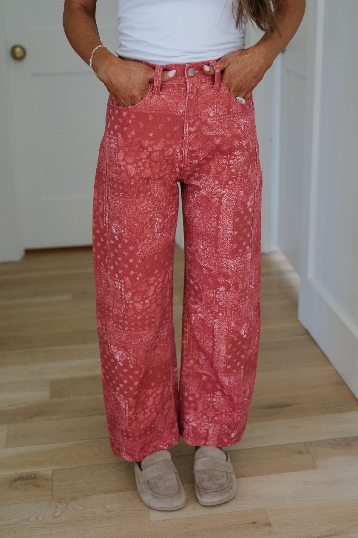 Bandana Print Wide Leg Jeans-Red