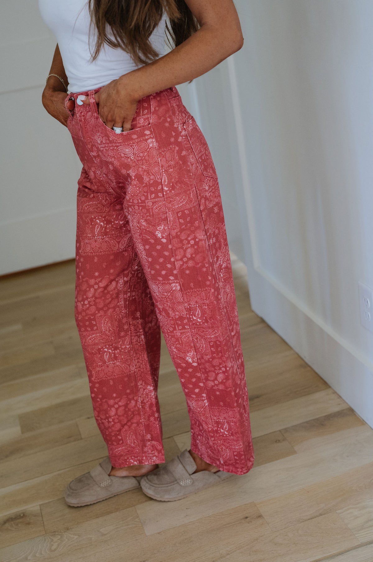 Bandana Print Wide Leg Jeans-Red