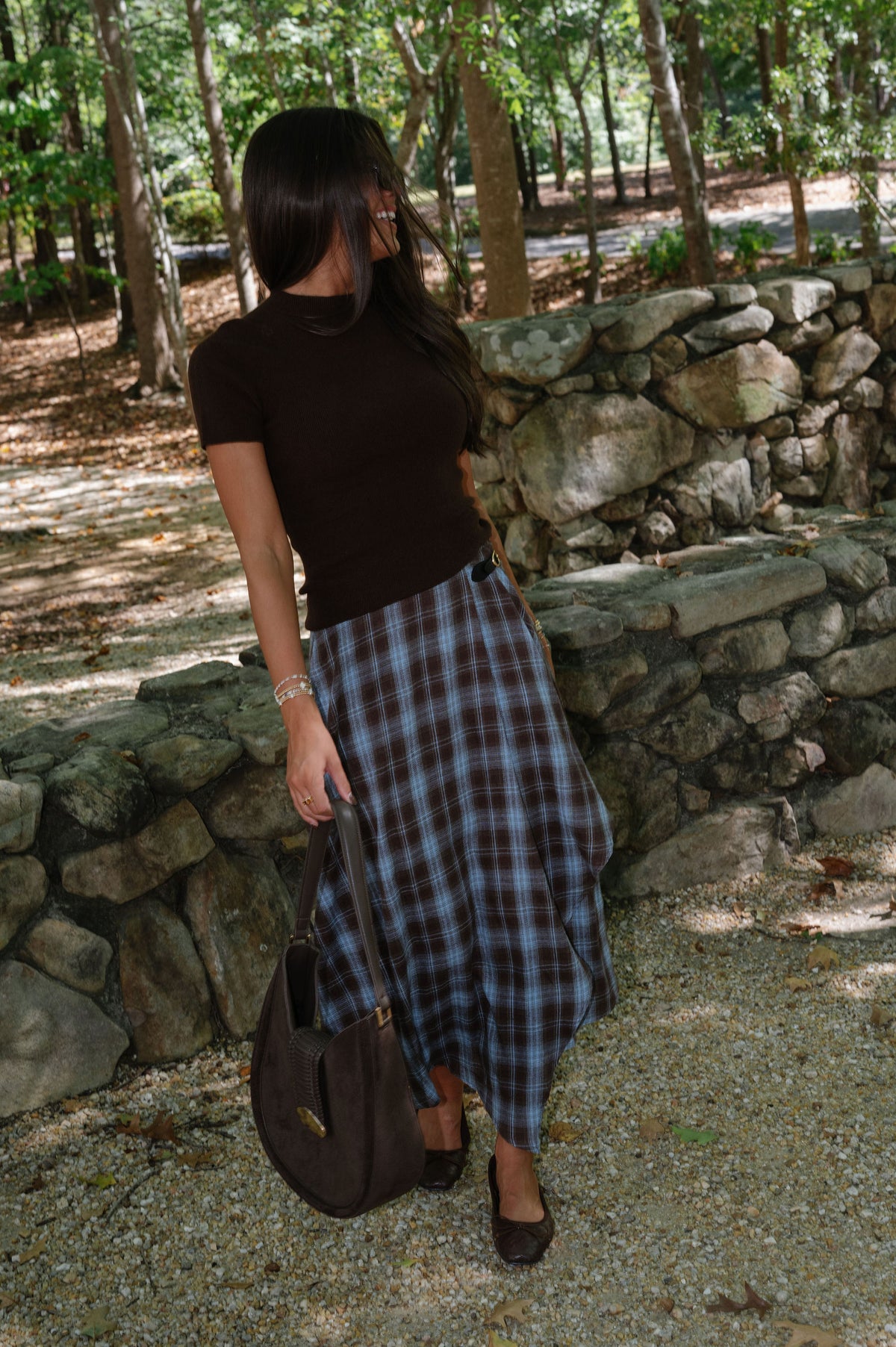 Laken Plaid Midi Skirt-Brown/Blue