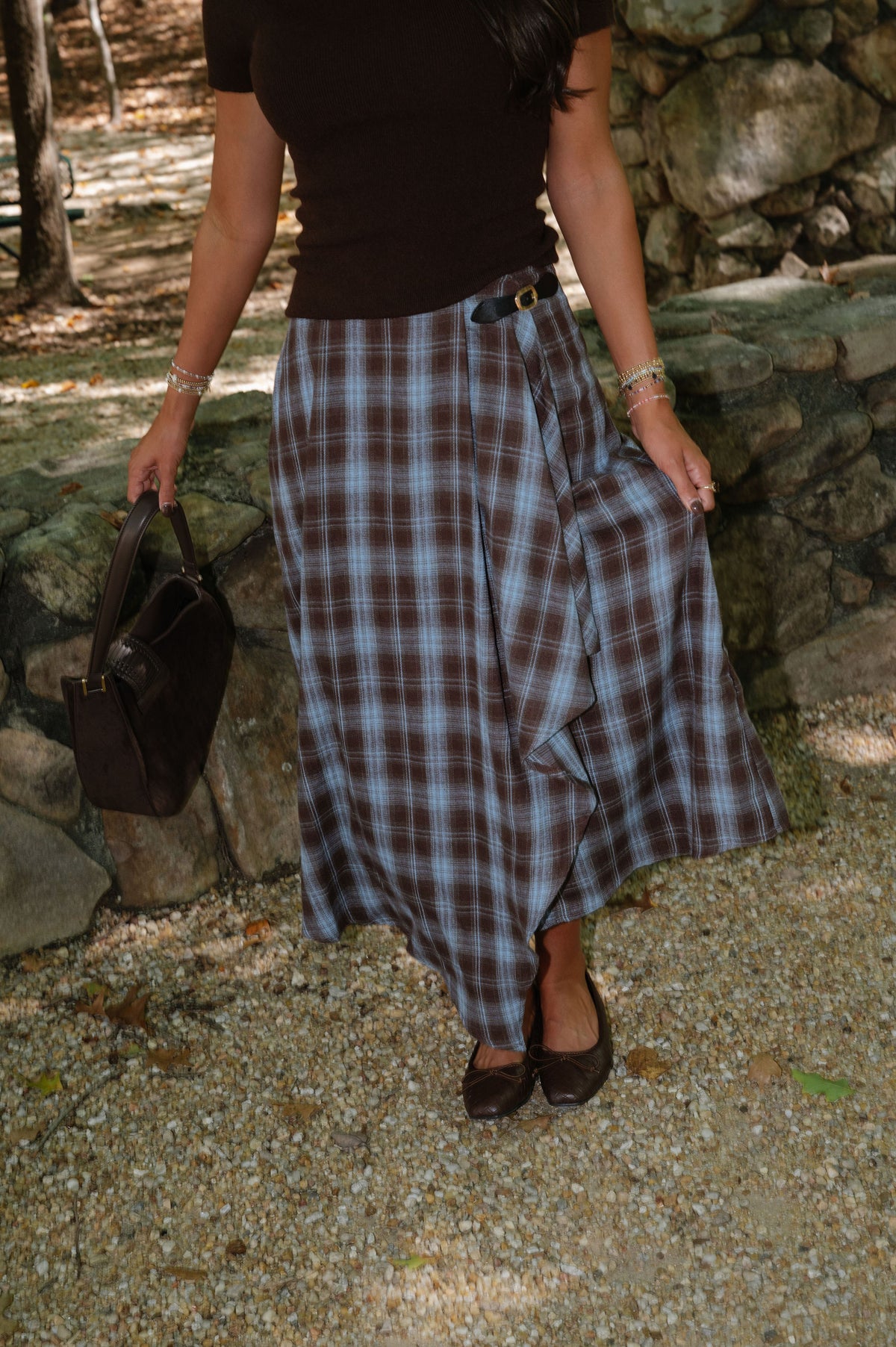 Laken Plaid Midi Skirt-Brown/Blue