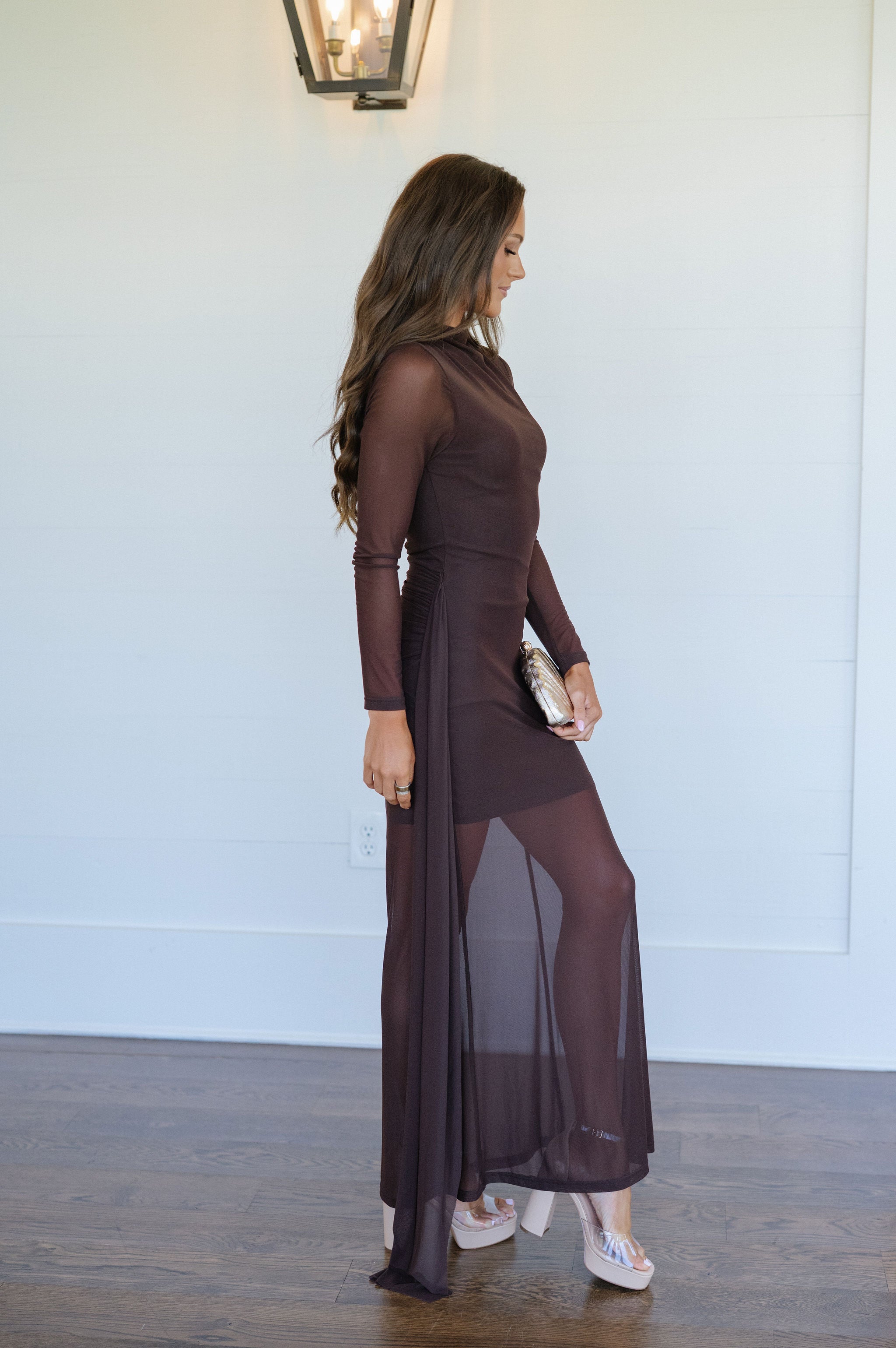 Rome Ruched Sheer Maxi Dress-Chocolate
