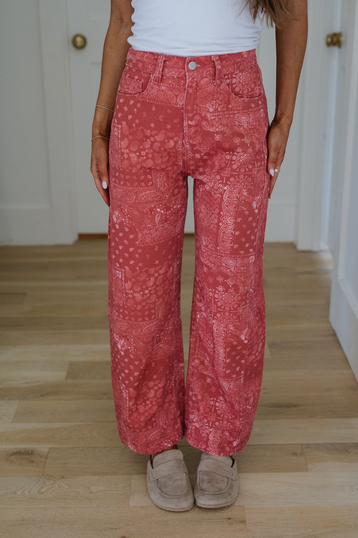 Bandana Print Wide Leg Jeans-Red