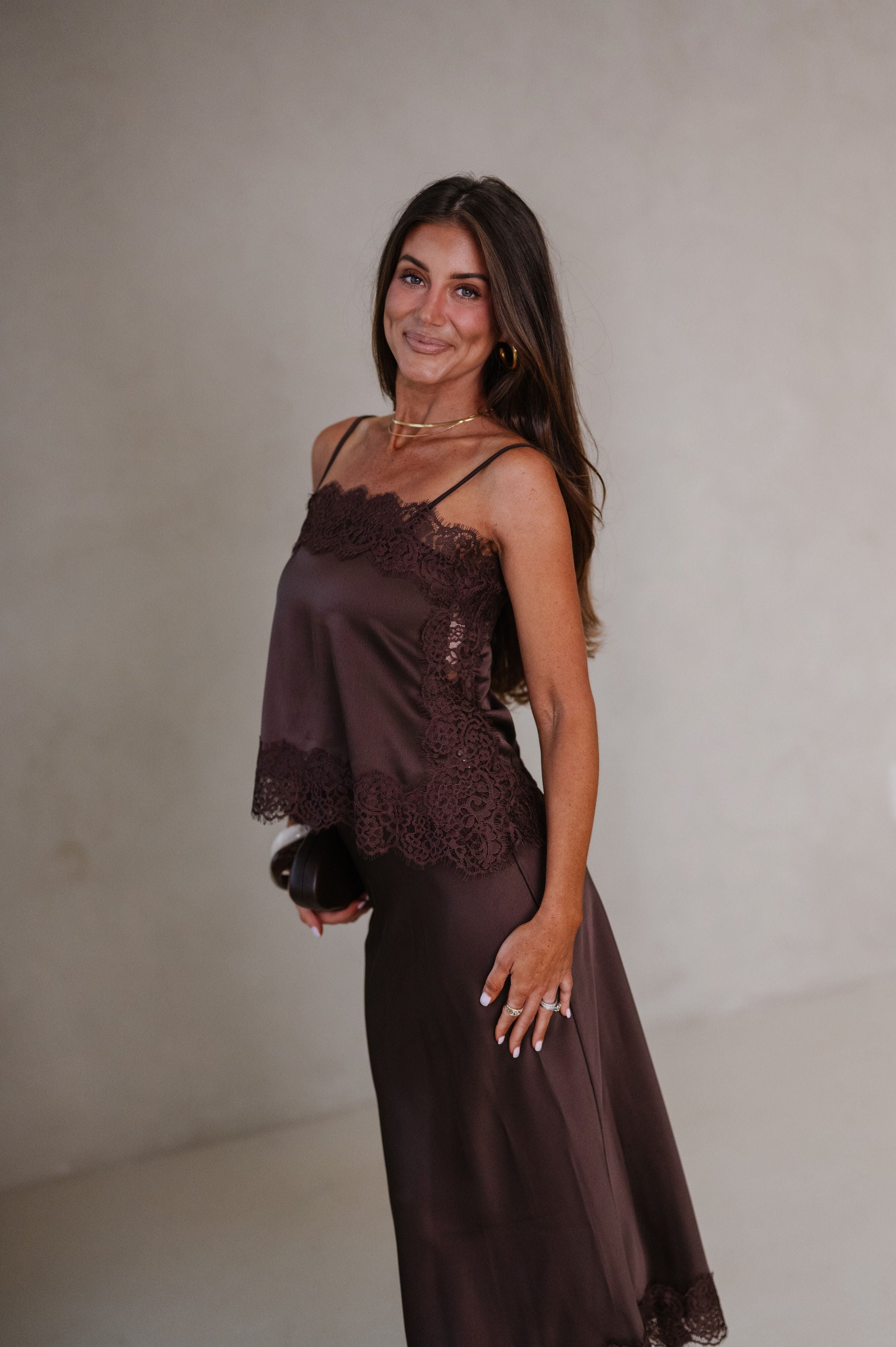 Maggie Satin Lace Trim Midi Skirt Set-Brown