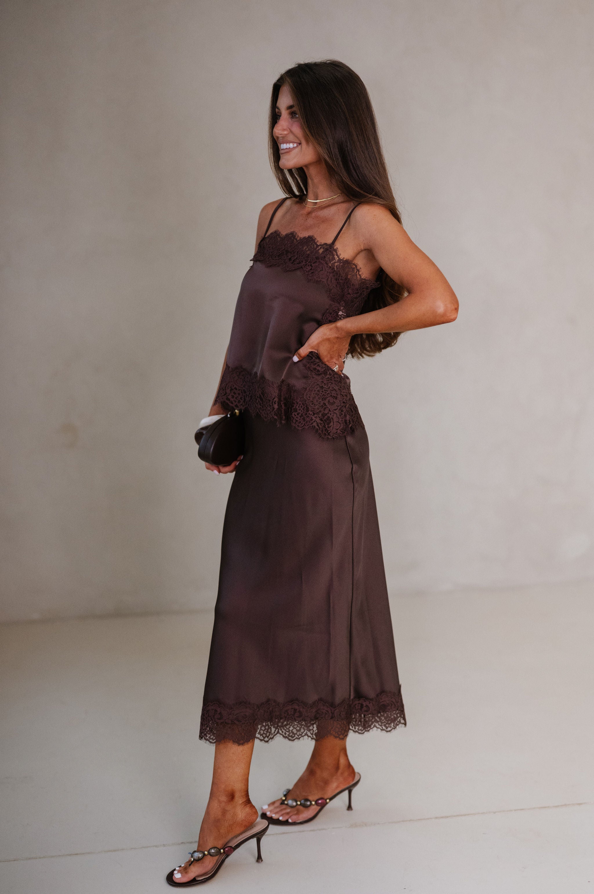 Maggie Satin Lace Trim Midi Skirt Set-Brown