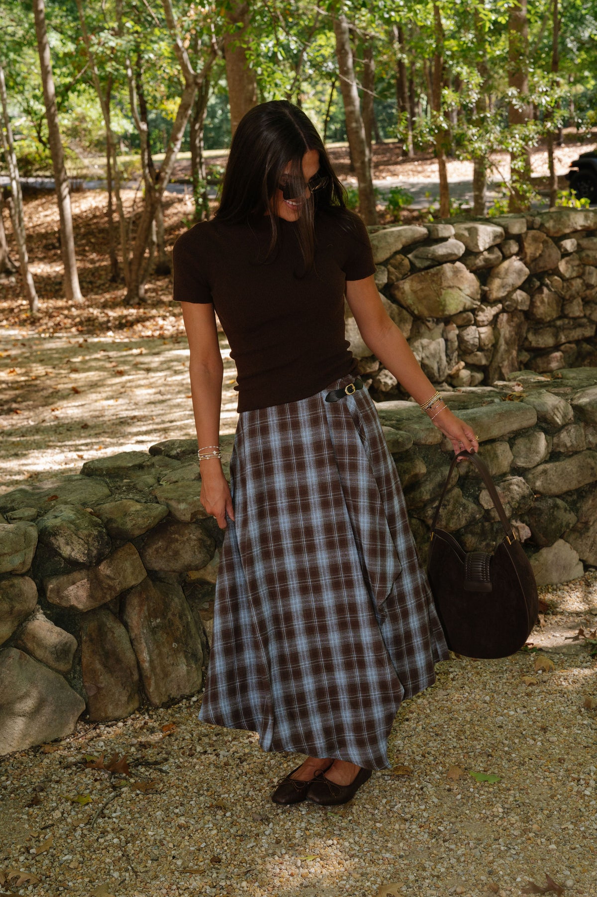 Laken Plaid Midi Skirt-Brown/Blue