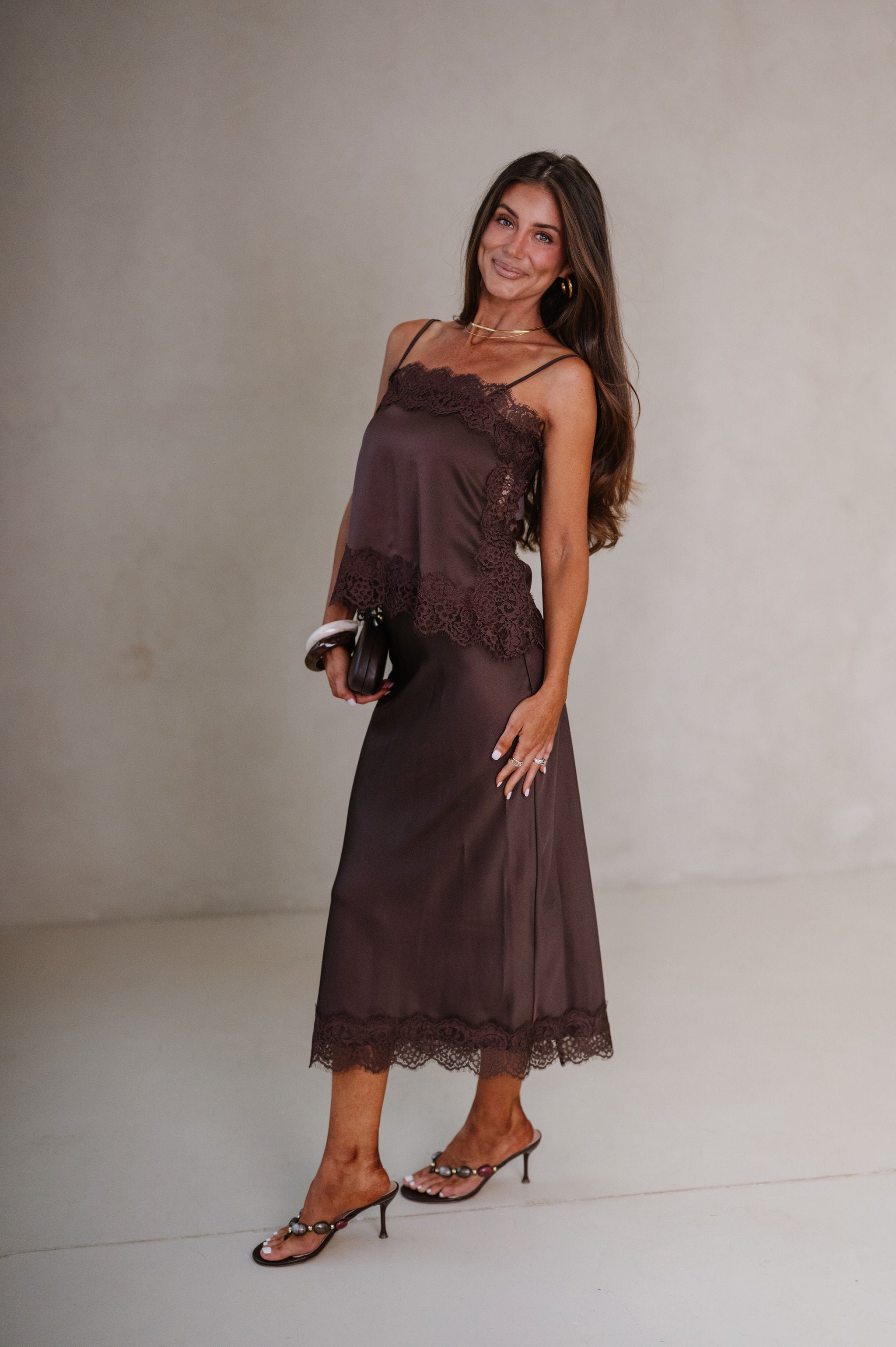 Maggie Satin Lace Trim Midi Skirt Set-Brown