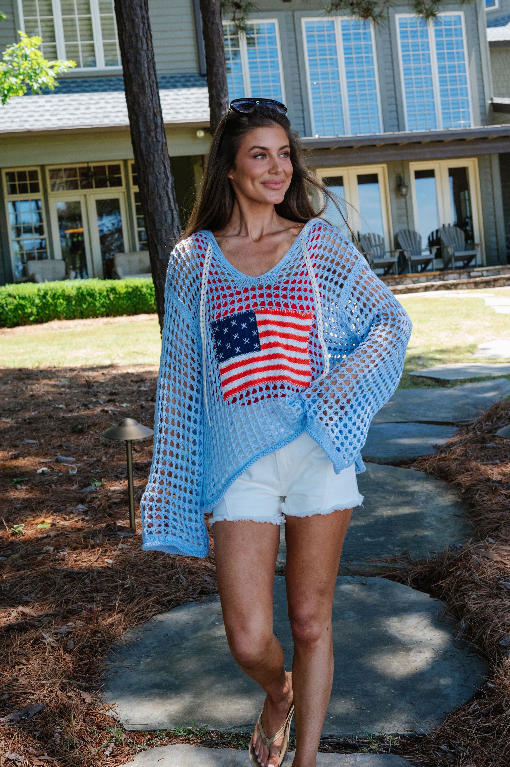Patriotic Crochet Knit Hoodie-Sky Blue