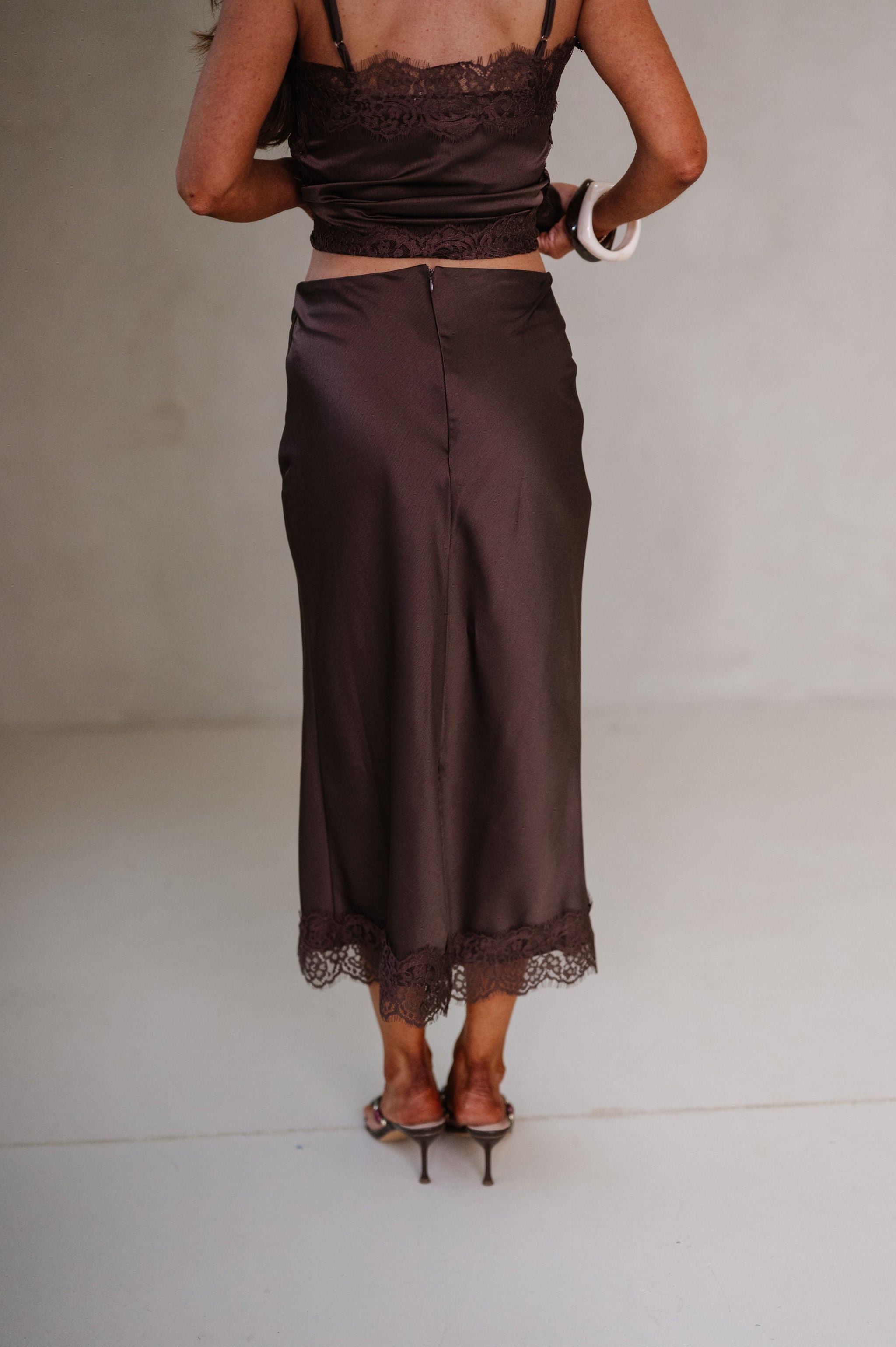 Maggie Satin Lace Trim Midi Skirt Set-Brown