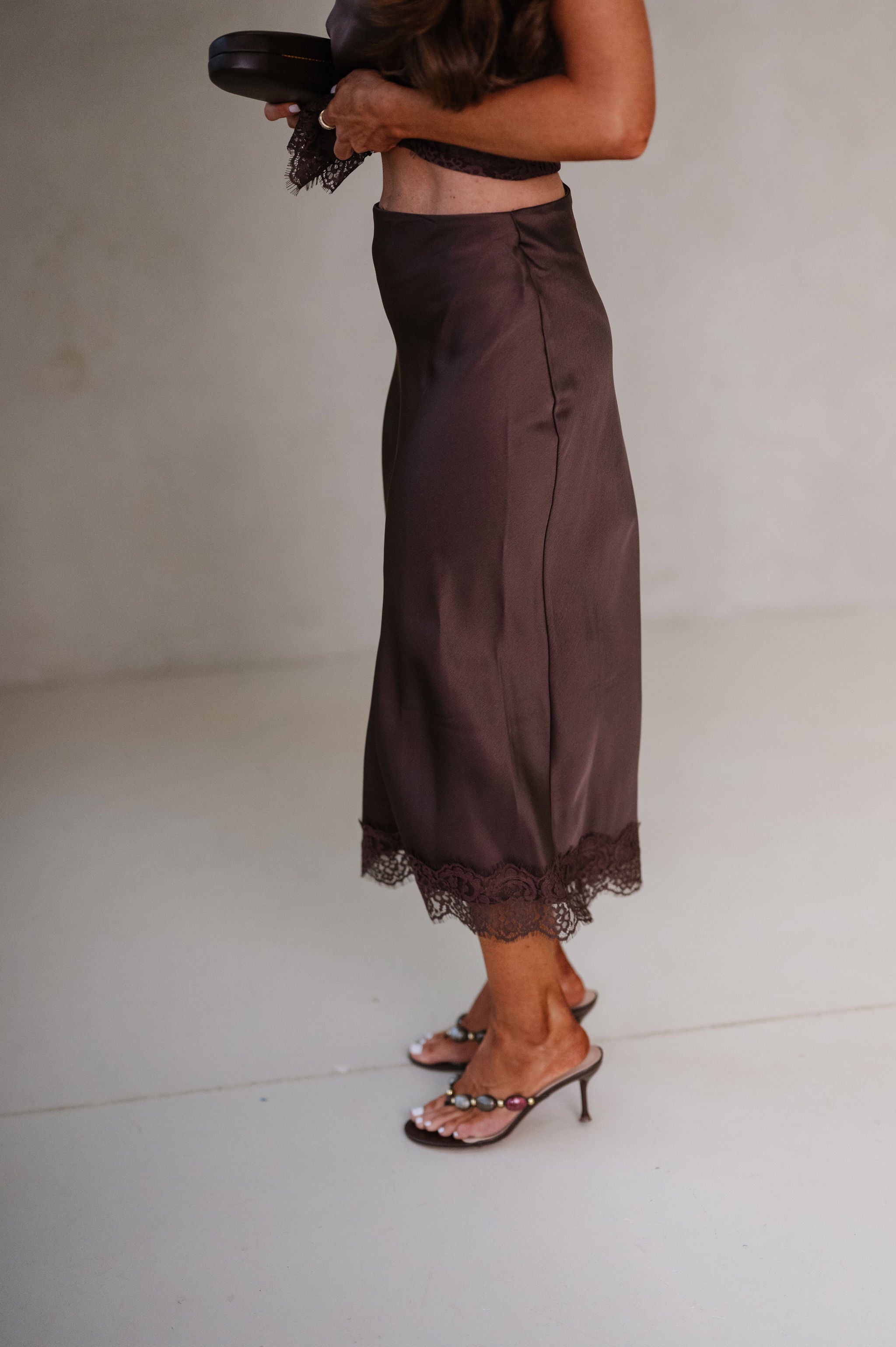 Maggie Satin Lace Trim Midi Skirt Set-Brown