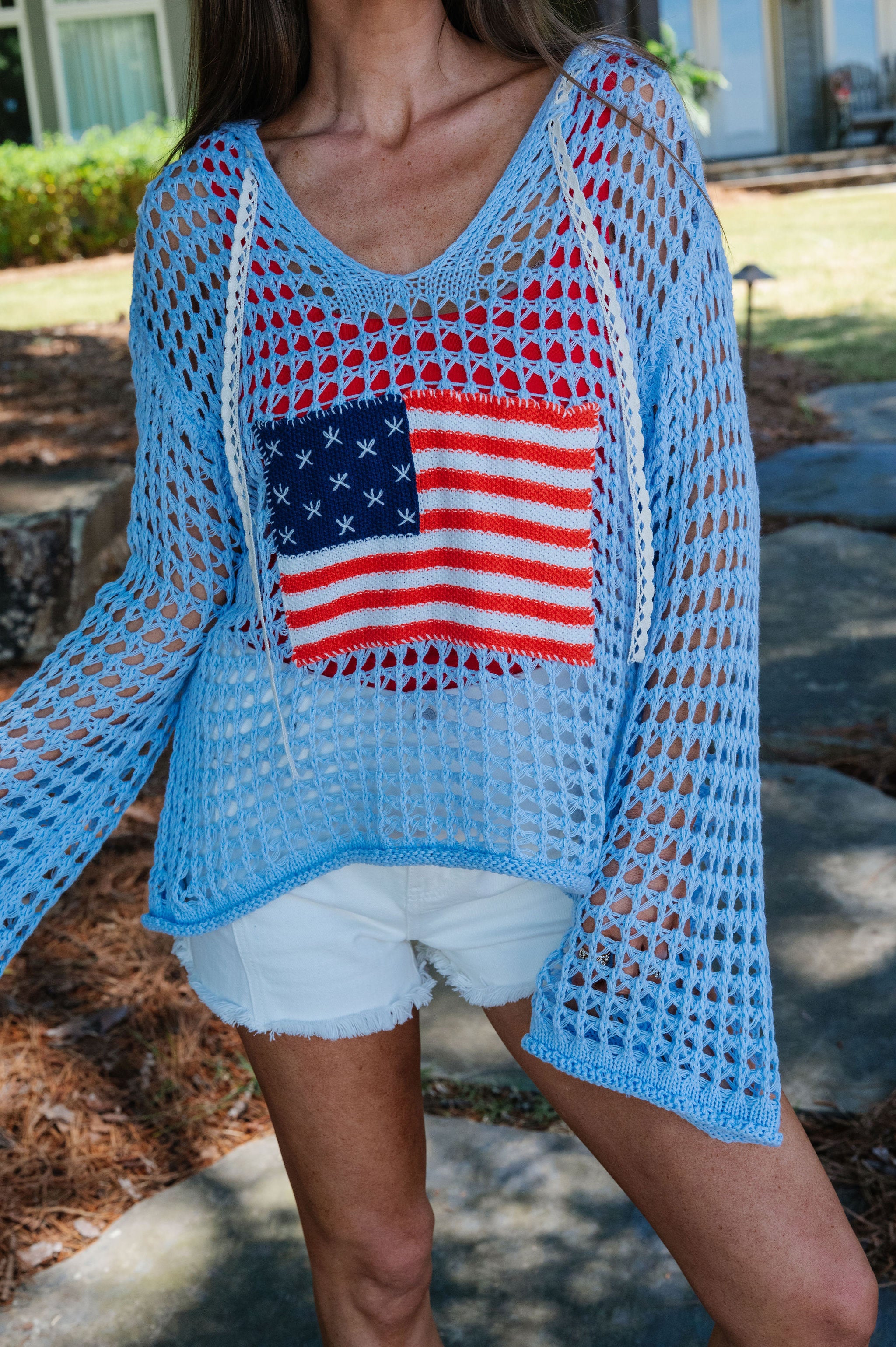 Patriotic Crochet Knit Hoodie-Sky Blue