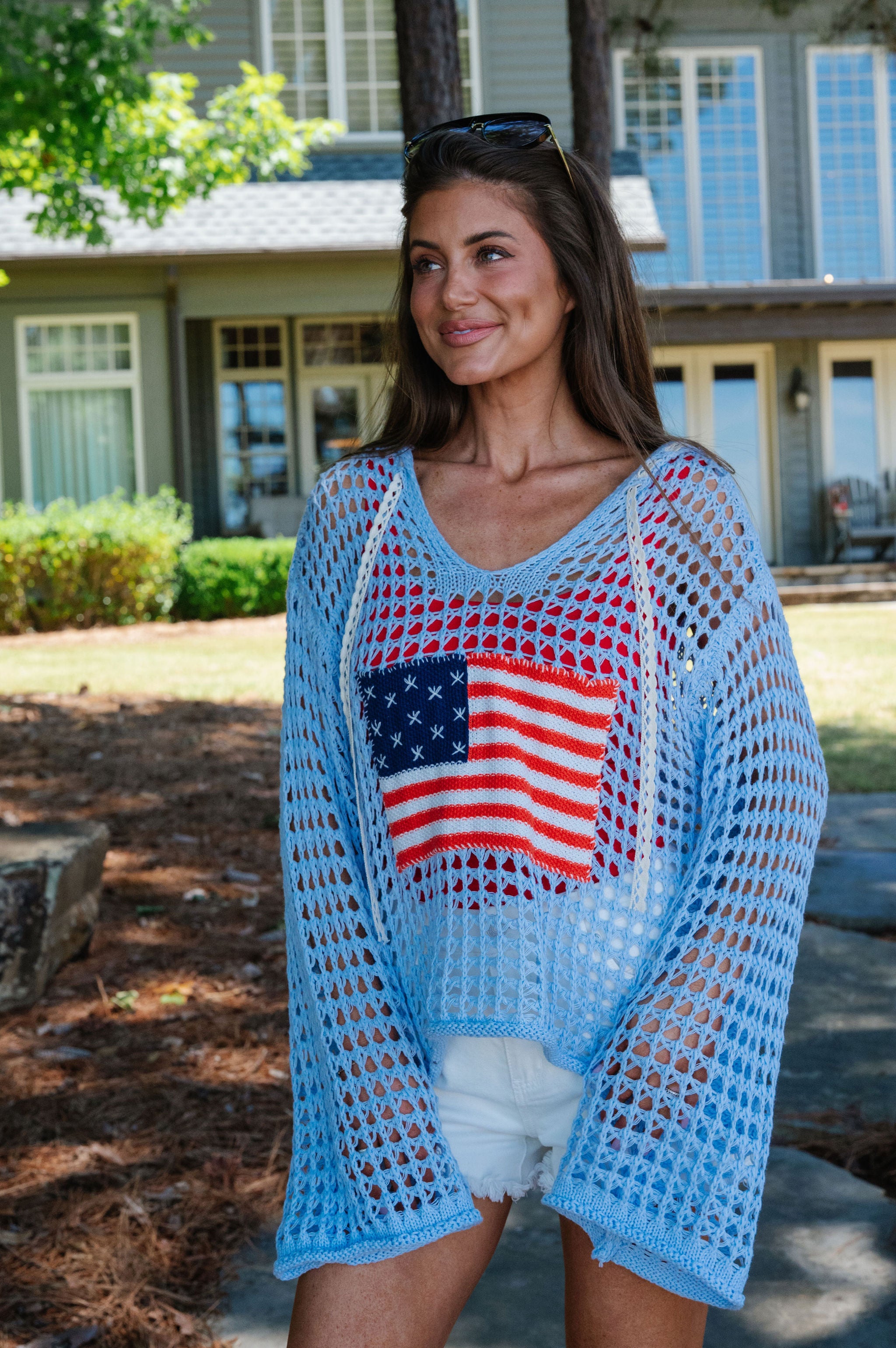 Patriotic Crochet Knit Hoodie-Sky Blue