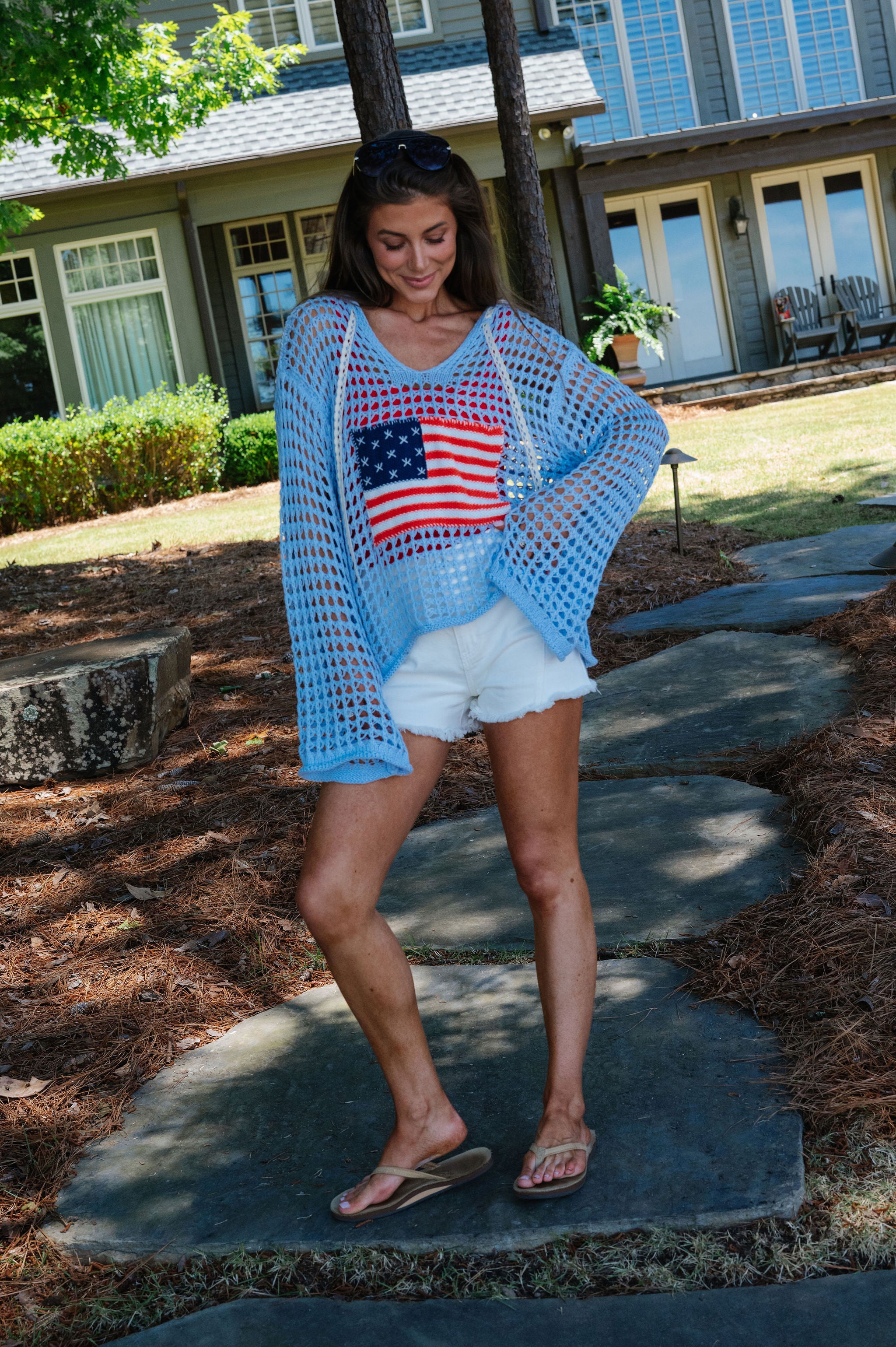 Patriotic Crochet Knit Hoodie-Sky Blue