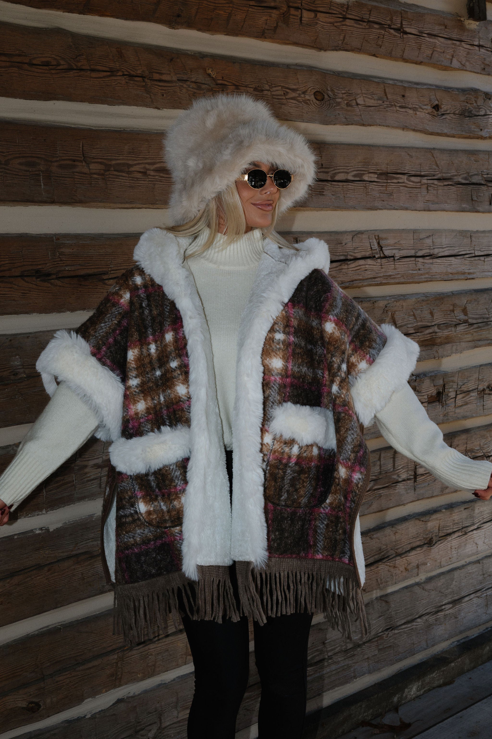 Plaid Fringed Cape Coat-Brown Multi
